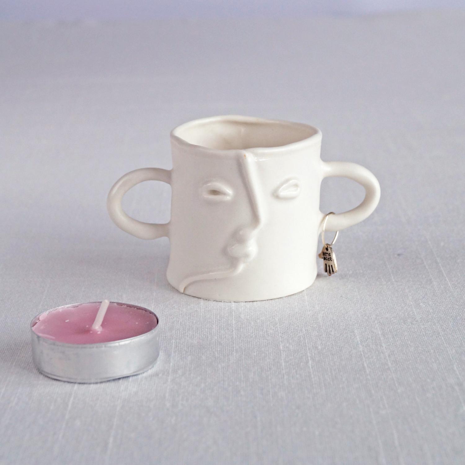 Buddy, cotton bud holder, choose pastel colour, white, mint, orange, pink, grey, porcelain face, ceramics with faces, face te