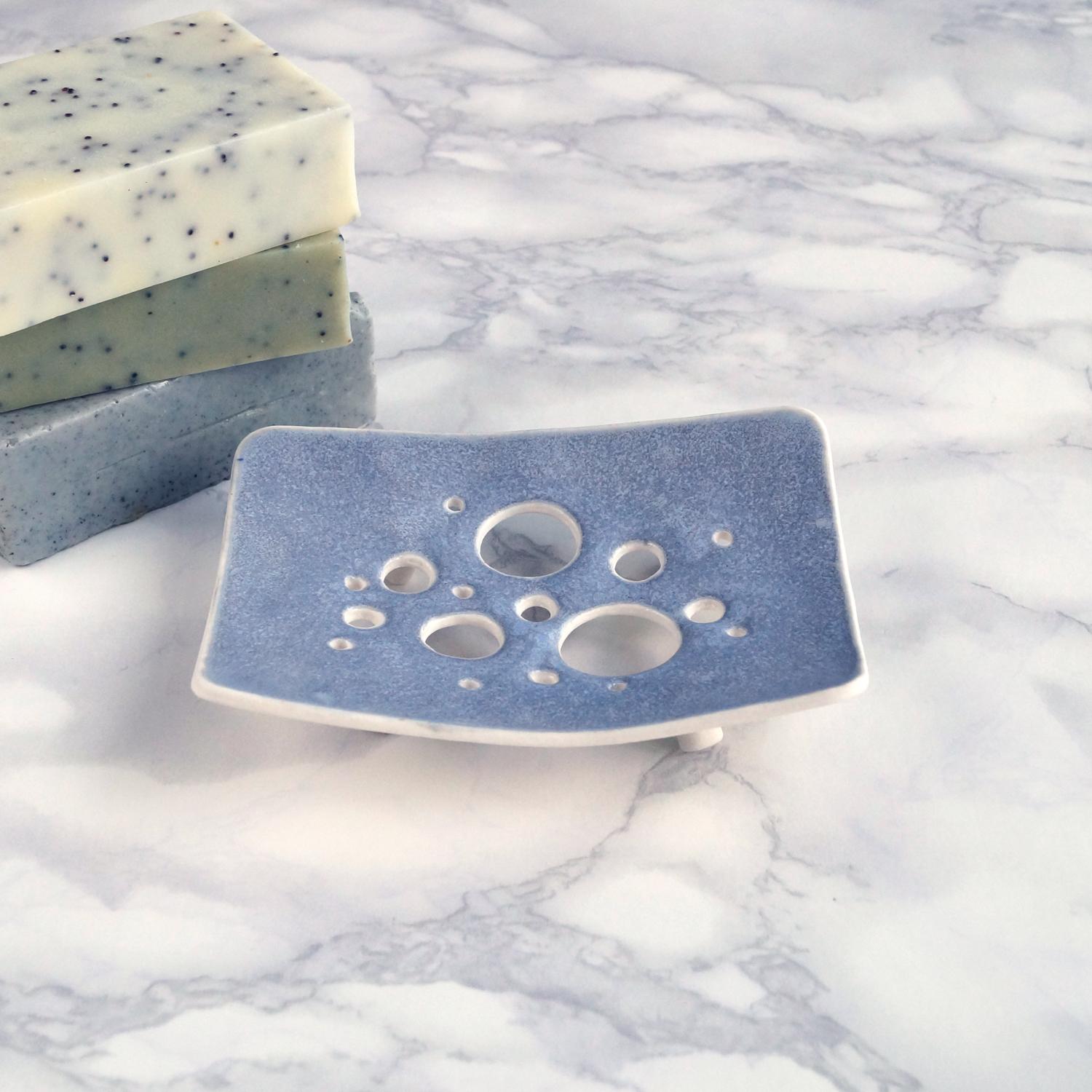 BUBBLE soap dish, white porcelain, blue soap dish, grey soap dish, ceramic soap dish, draining soap dish, Vanillakiln, bubble
