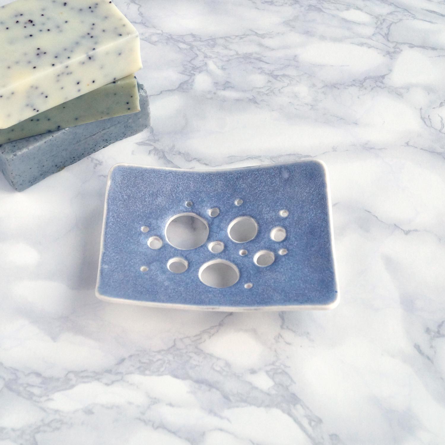 BUBBLE soap dish, white porcelain, ceramic soap dish, draining soap dish, Vanillakiln, bubble design, glaze, UK, drain holes,