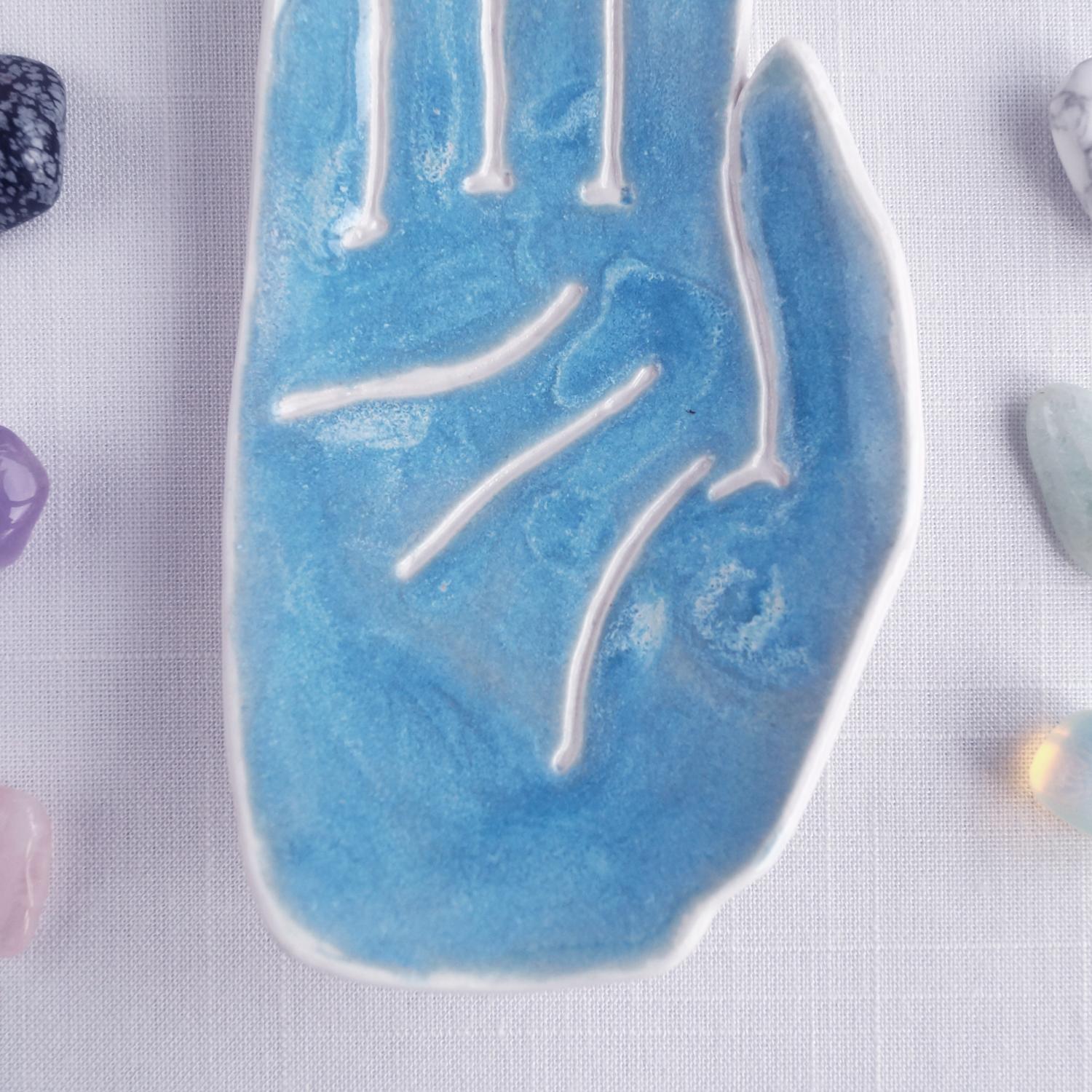 PALM, ceramic hand, ring dish, hand crystal dish, white porcelain, hand, turquoise blue, candle holder, Vanillakiln, UK, palm