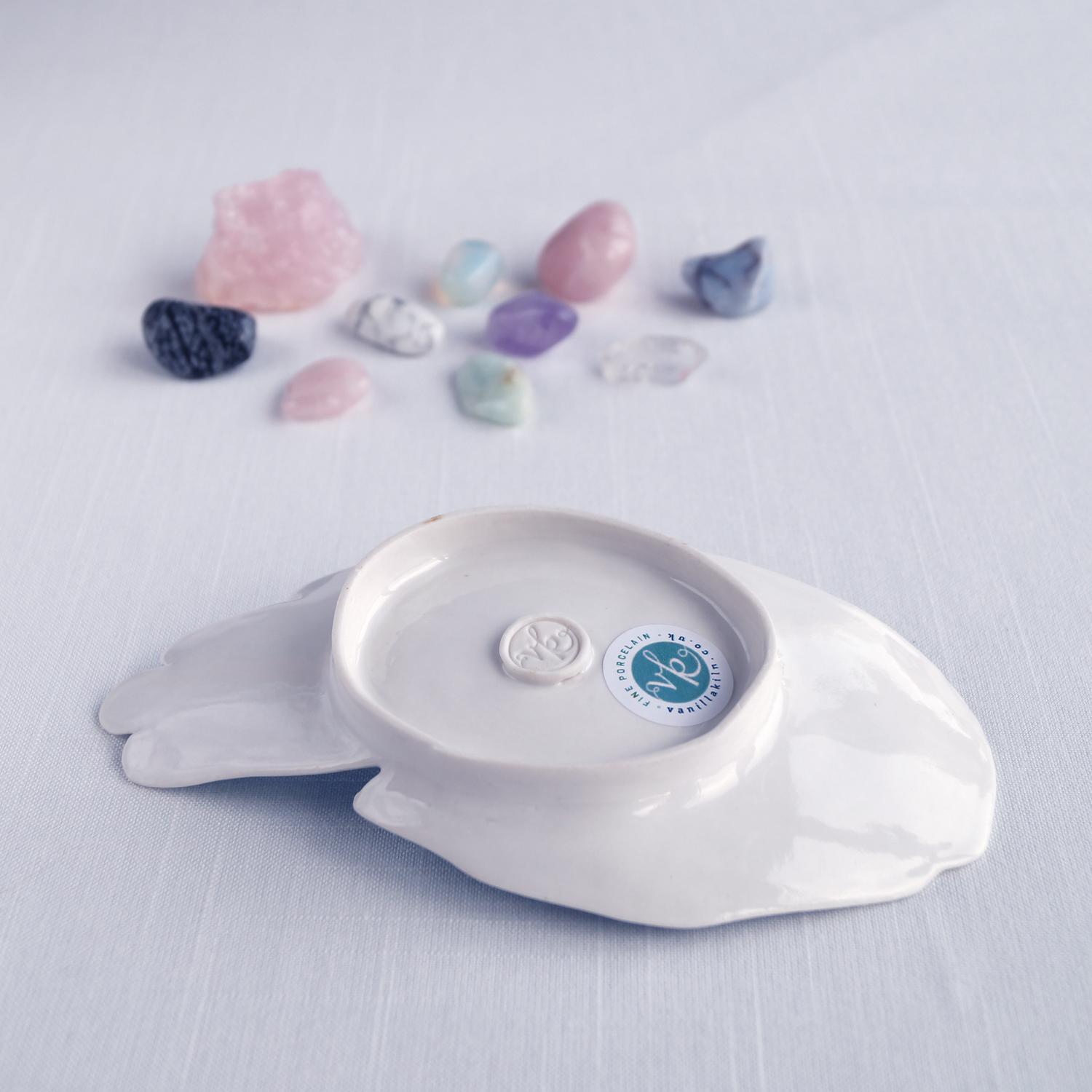 PALM, ceramic hand, ring dish, hand crystal dish, white porcelain, hand, turquoise blue, candle holder, Vanillakiln, UK, palm