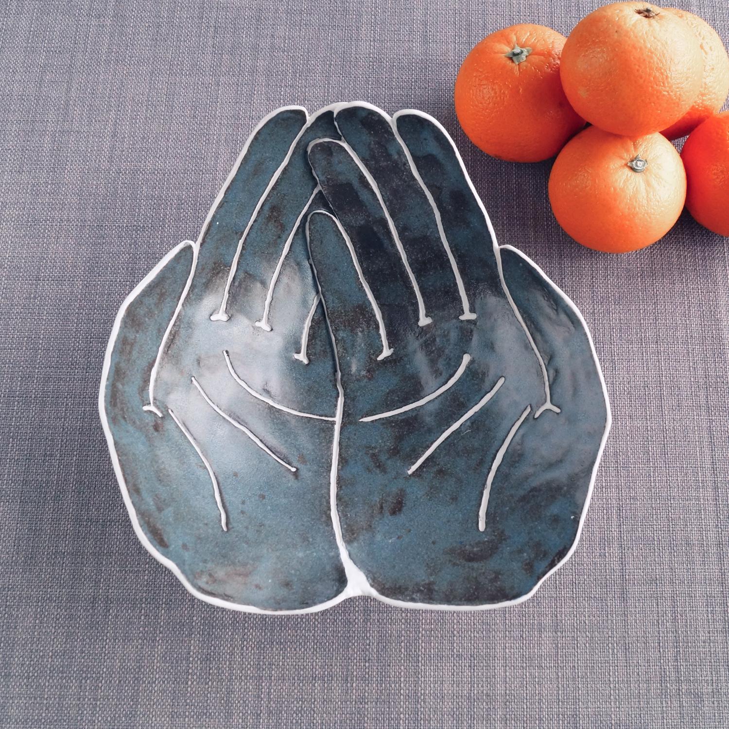 OFFERING hands, ceramic fruit bowl, white porcelain, acai matt, blue brown, Vanillakiln, uk, crystal storage, offering bowl, 