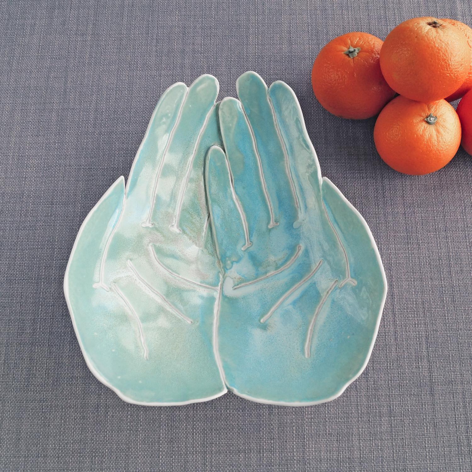 Large OFFERING hands bowl, white porcelain, turquoise aqua Vanillakiln