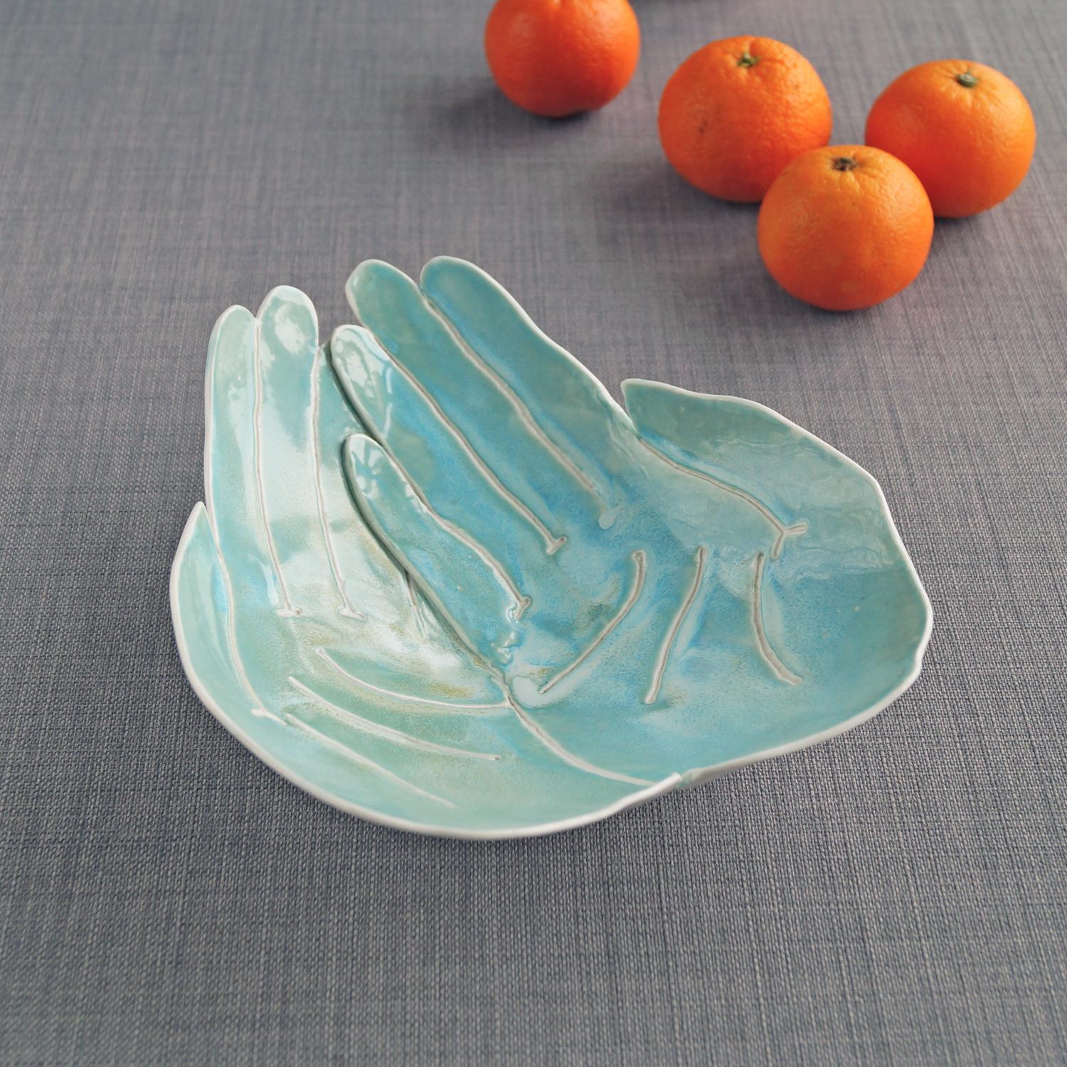Large OFFERING hands bowl, white porcelain, turquoise aqua Vanillakiln