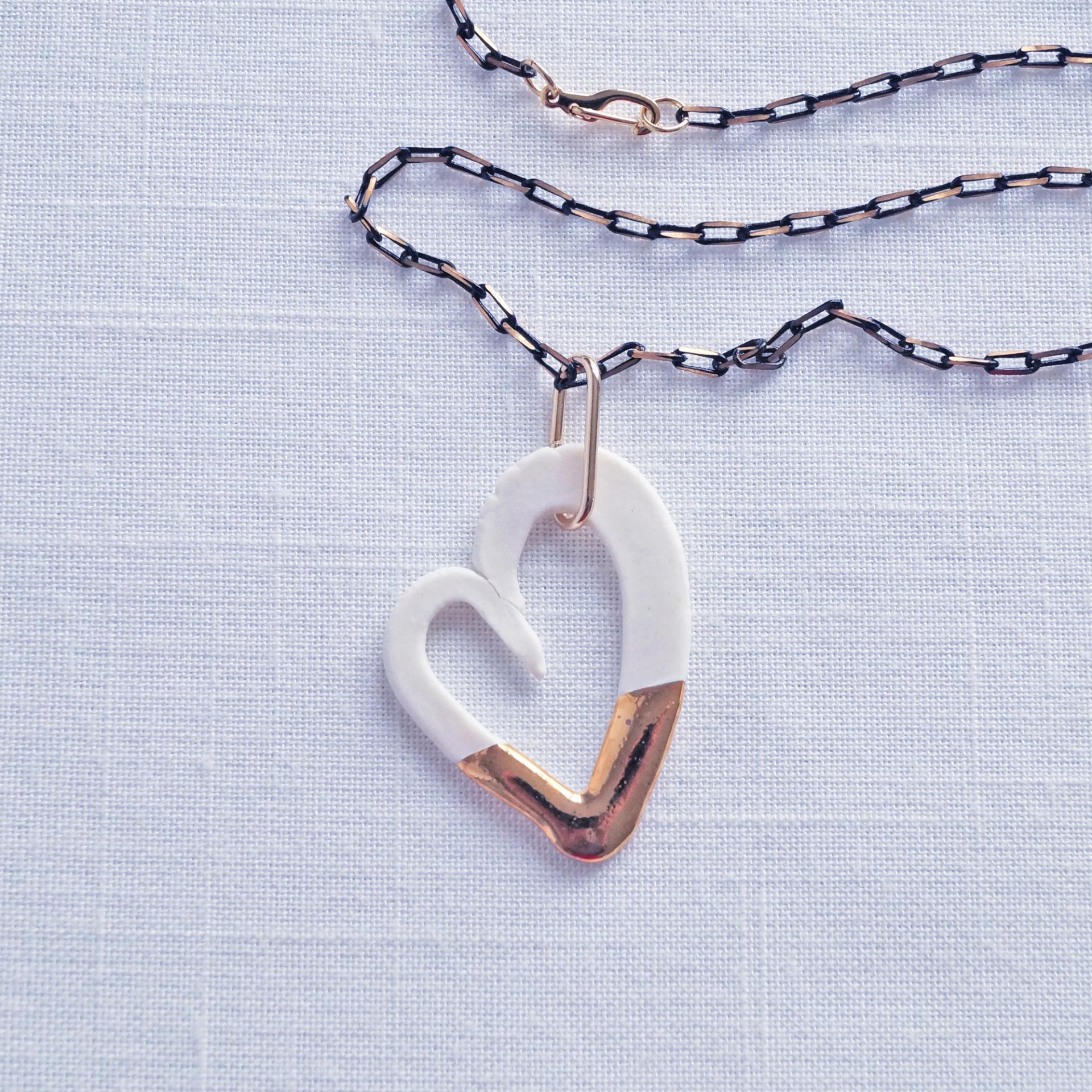 Gold DIPPED porcelain heart necklace, 24 k gold lustre, long contemporary necklace, freeform heart, open heart pendant, gold 