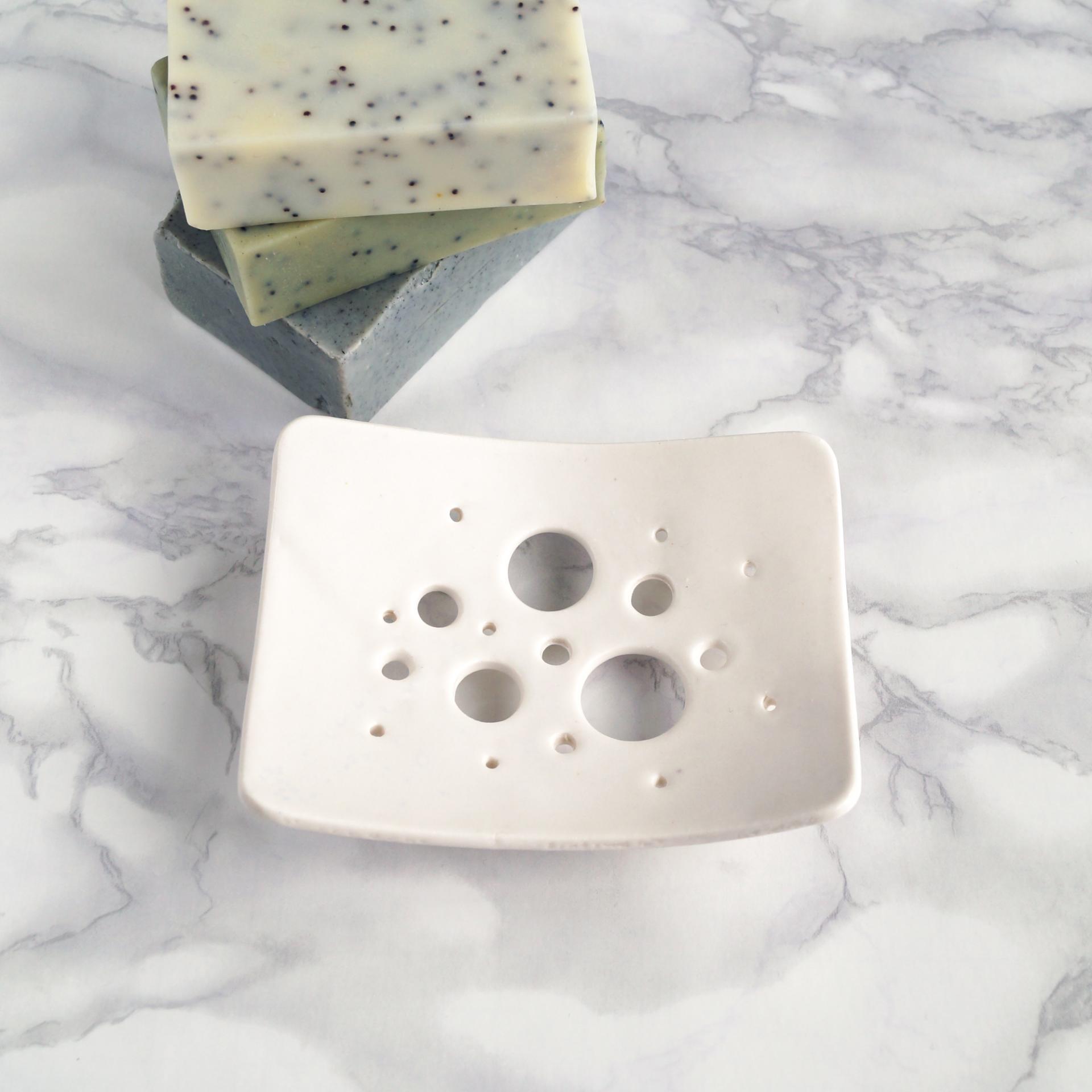 BUBBLE soap dish, white porcelain, ceramic soap dish, draining soap dish, Vanillakiln, bubble design, glaze, UK, drain holes,