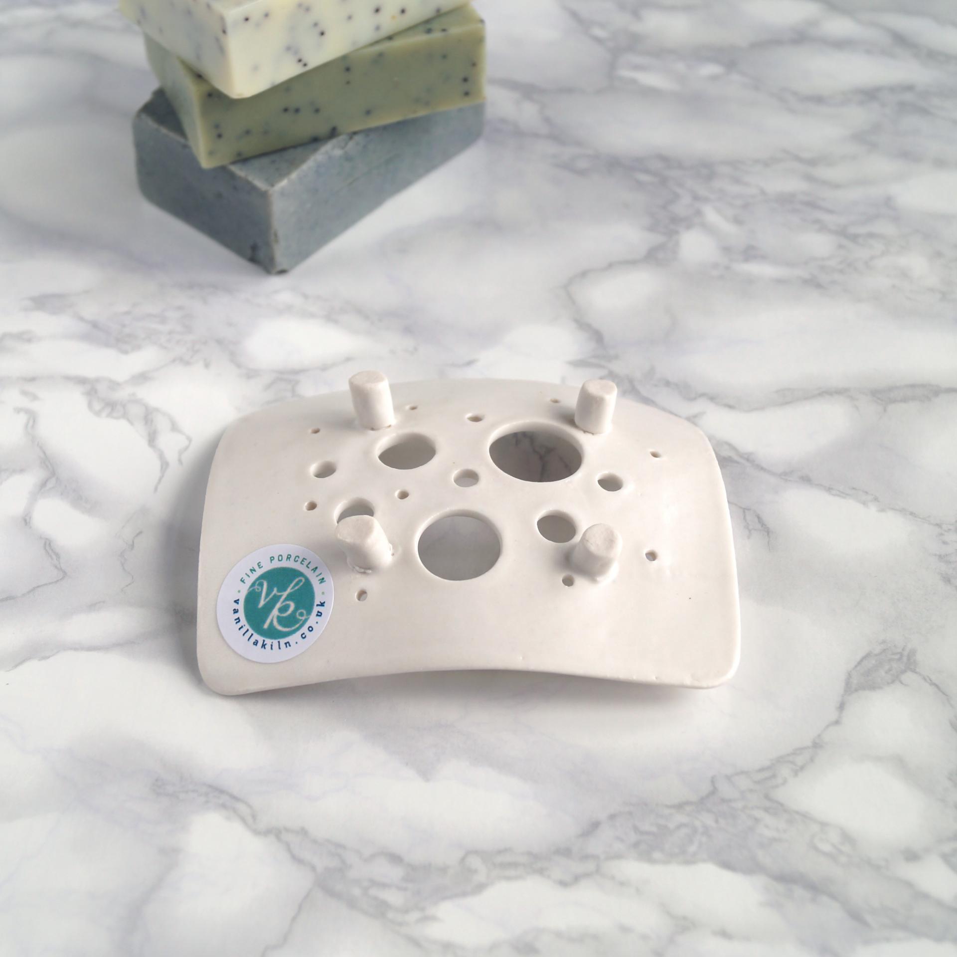 BUBBLE soap dish, white porcelain, ceramic soap dish, draining soap dish, Vanillakiln, bubble design, glaze, UK, drain holes,