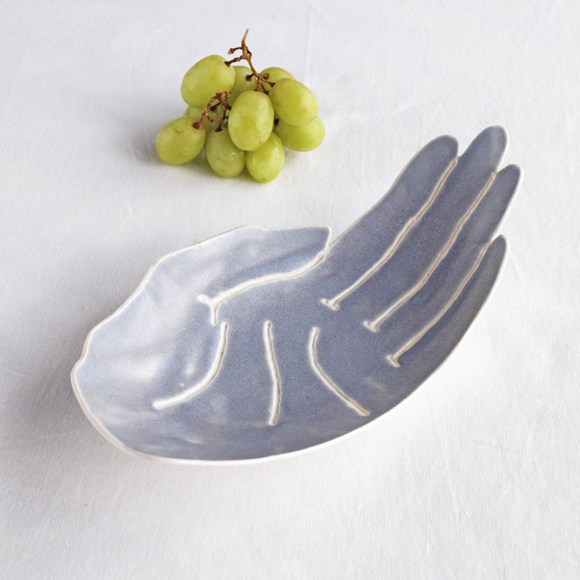 PALM, ceramic hand, crystal bowl, fruit bowl, white porcelain, grey blue, Vanillakiln, decorative bowl, UK, large hand, ceram