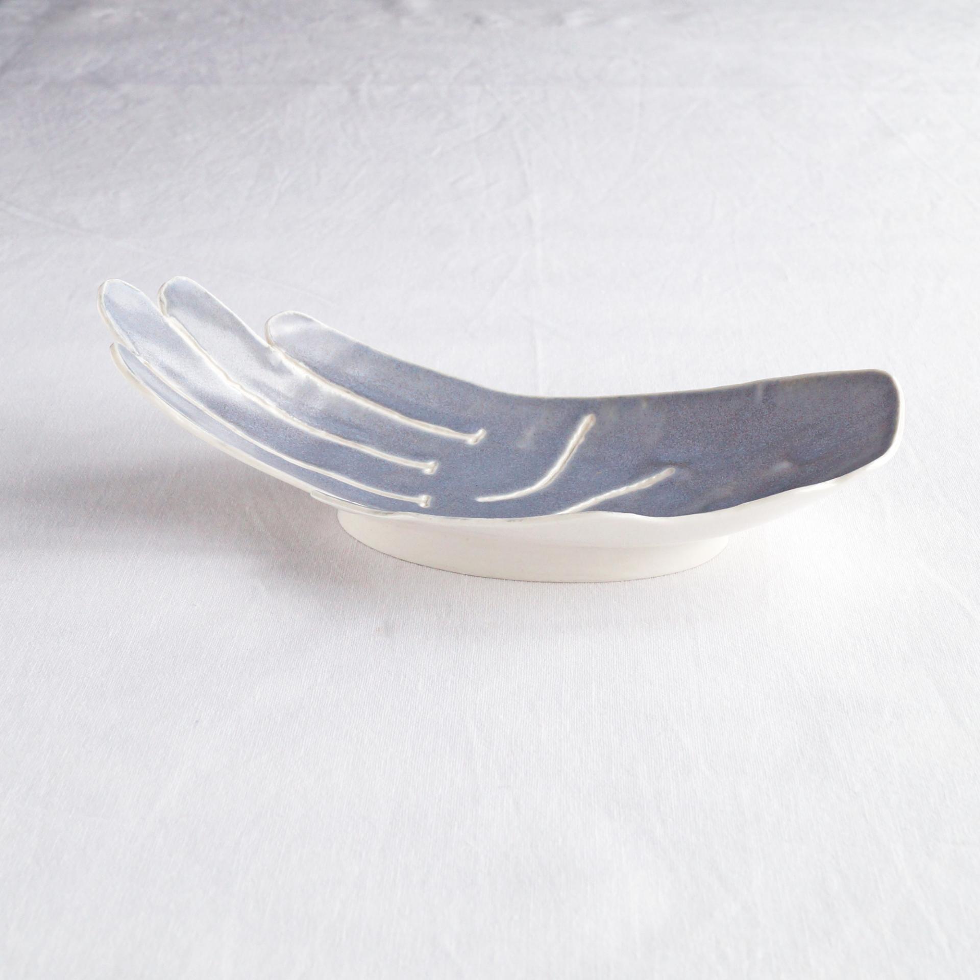 PALM, ceramic hand, crystal bowl, fruit bowl, white porcelain, grey blue, Vanillakiln, decorative bowl, UK, large hand, ceram