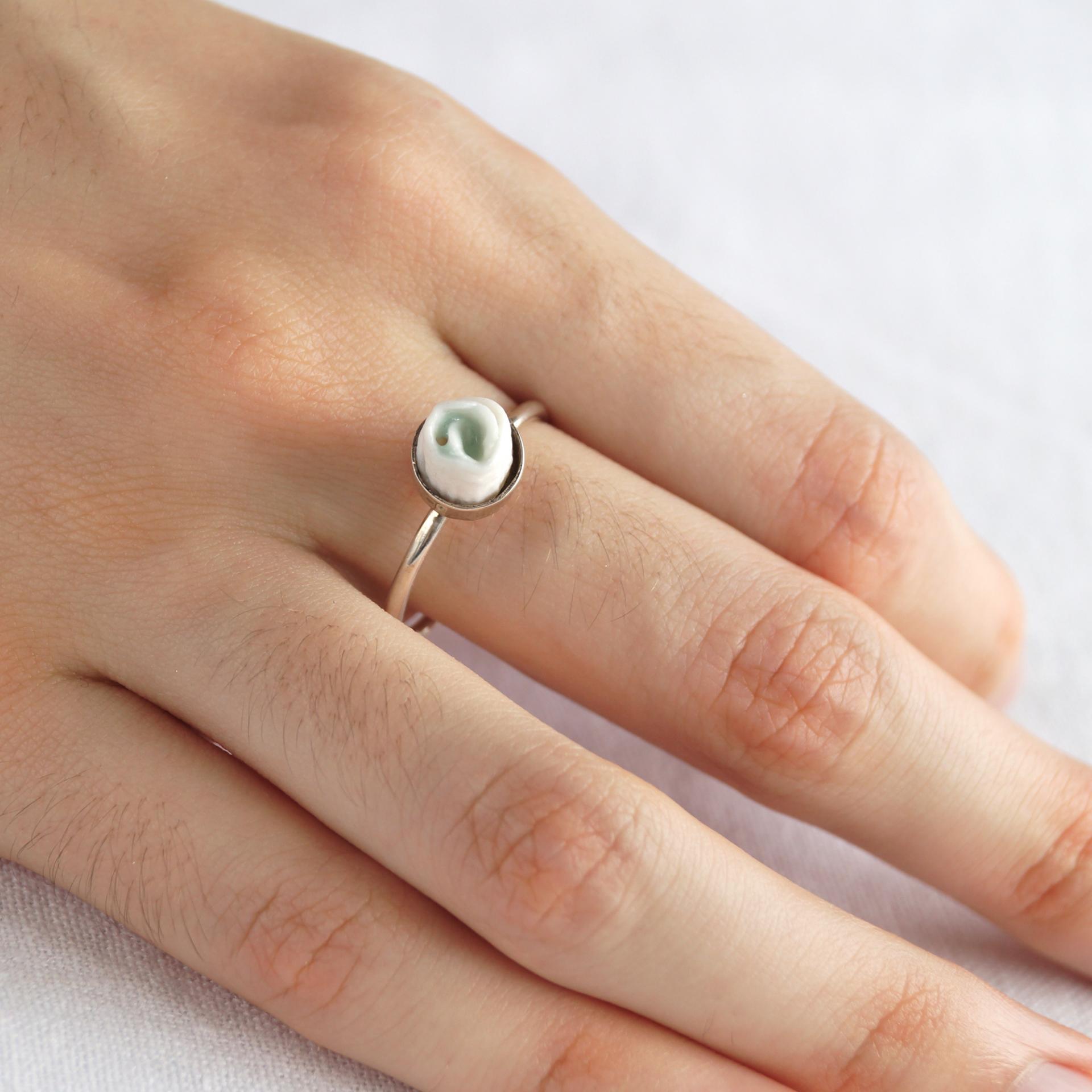 Linen, white porcelain, adjustable ring, celadon blue, 925 sterling silver, 12th anniversary, 8th anniversary, wedding annive