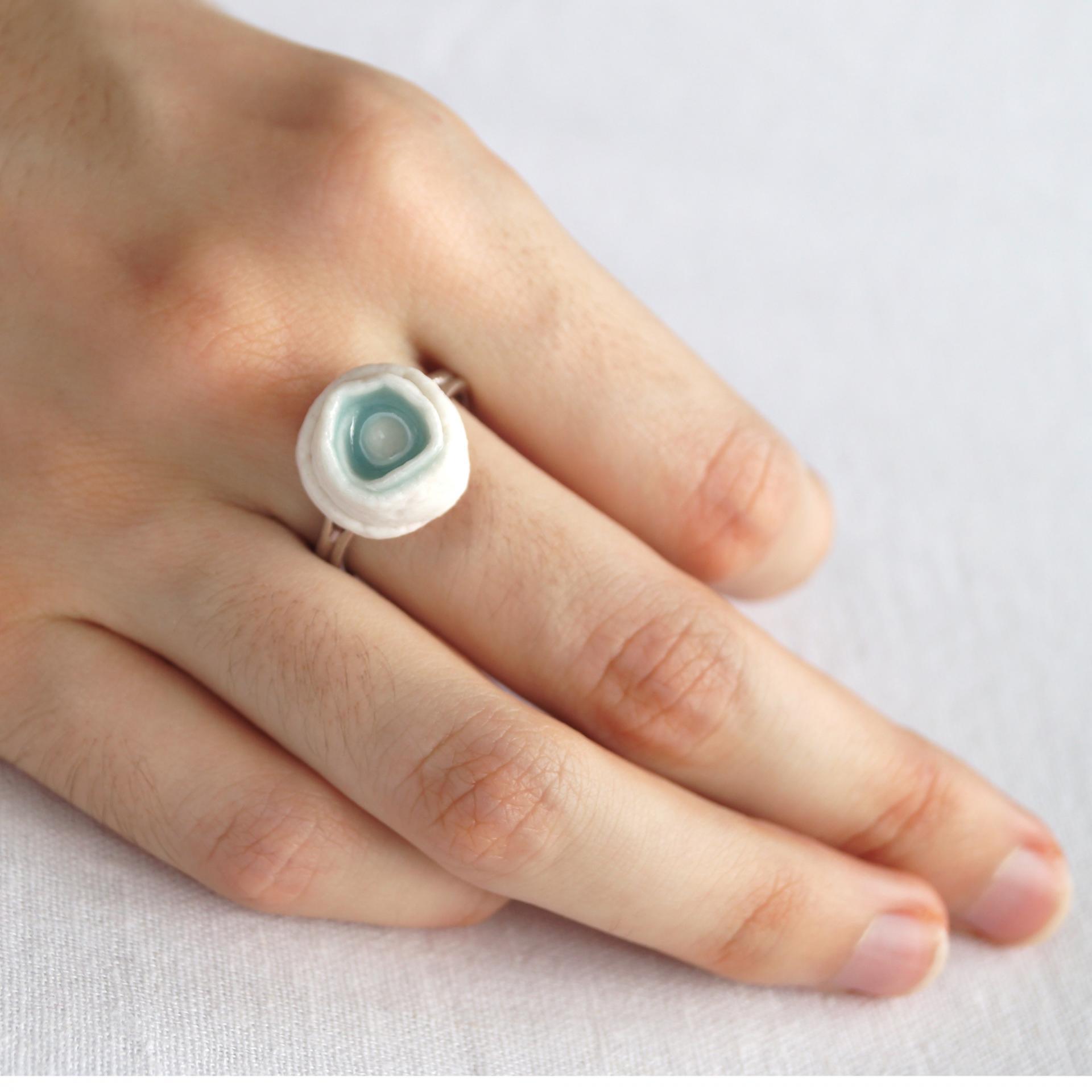 LINEN, ring, white porcelain, adjustable ring, celadon blue, 925 sterling silver, 18th anniversary, 8th anniversary, 12th ann