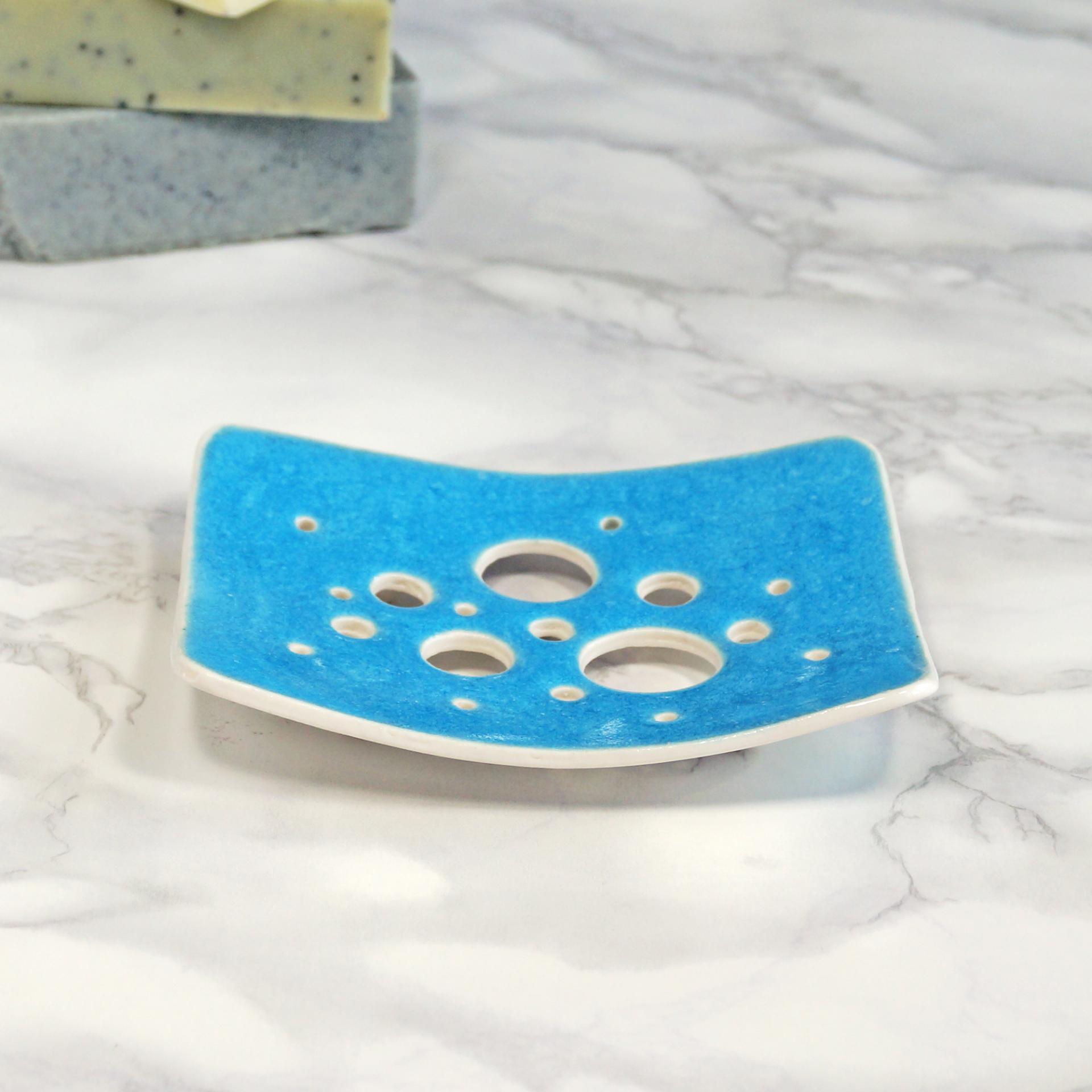 BUBBLE soap dish, blue lake glaze, white porcelain soap dish, ceramic soap dish, draining soap dish, bubble design, ceramic g