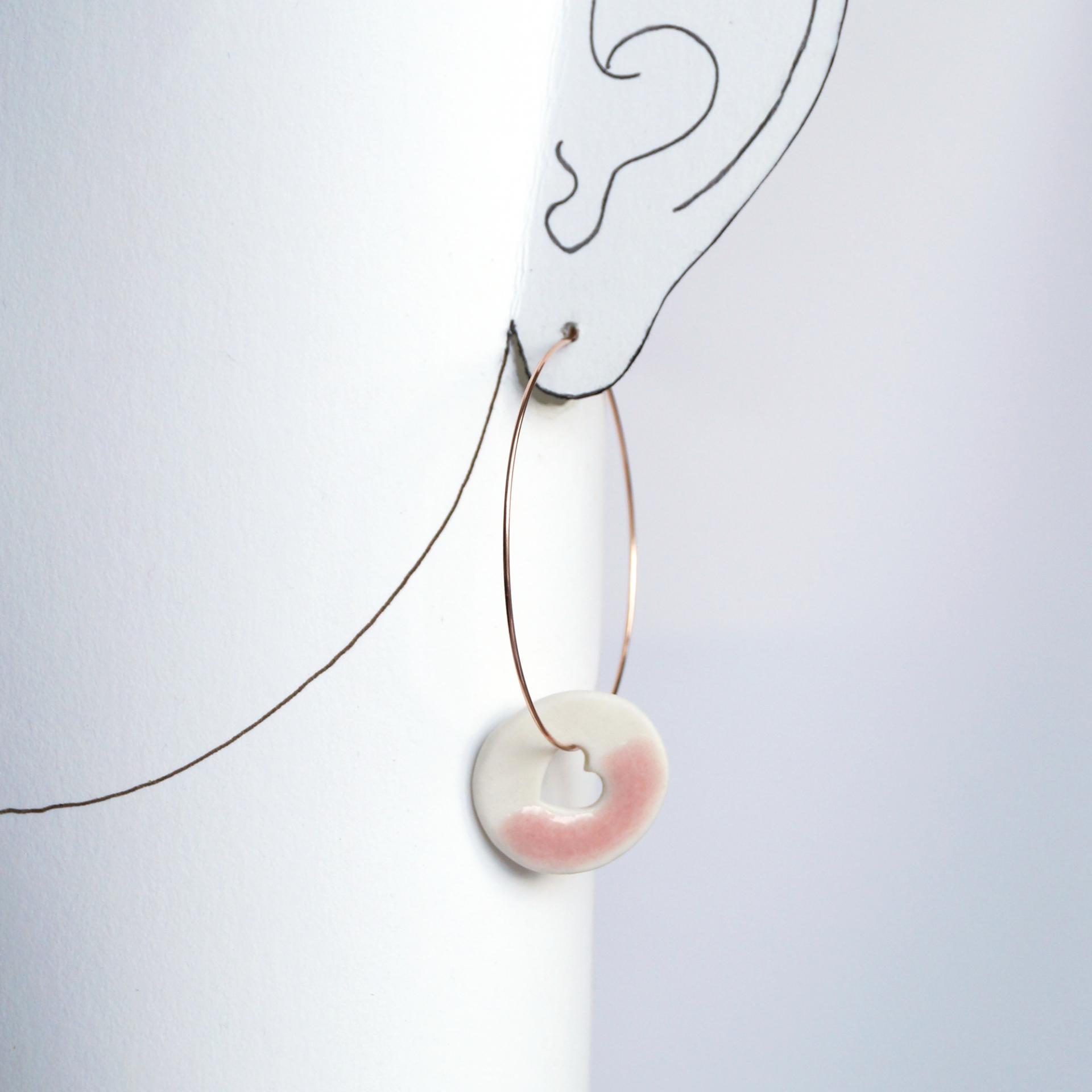 HEART hoops, heart hole earrings, rose gold, beaded hoops, rose gold hoops, hoop earrings, pink, white porcelain, heart hoops