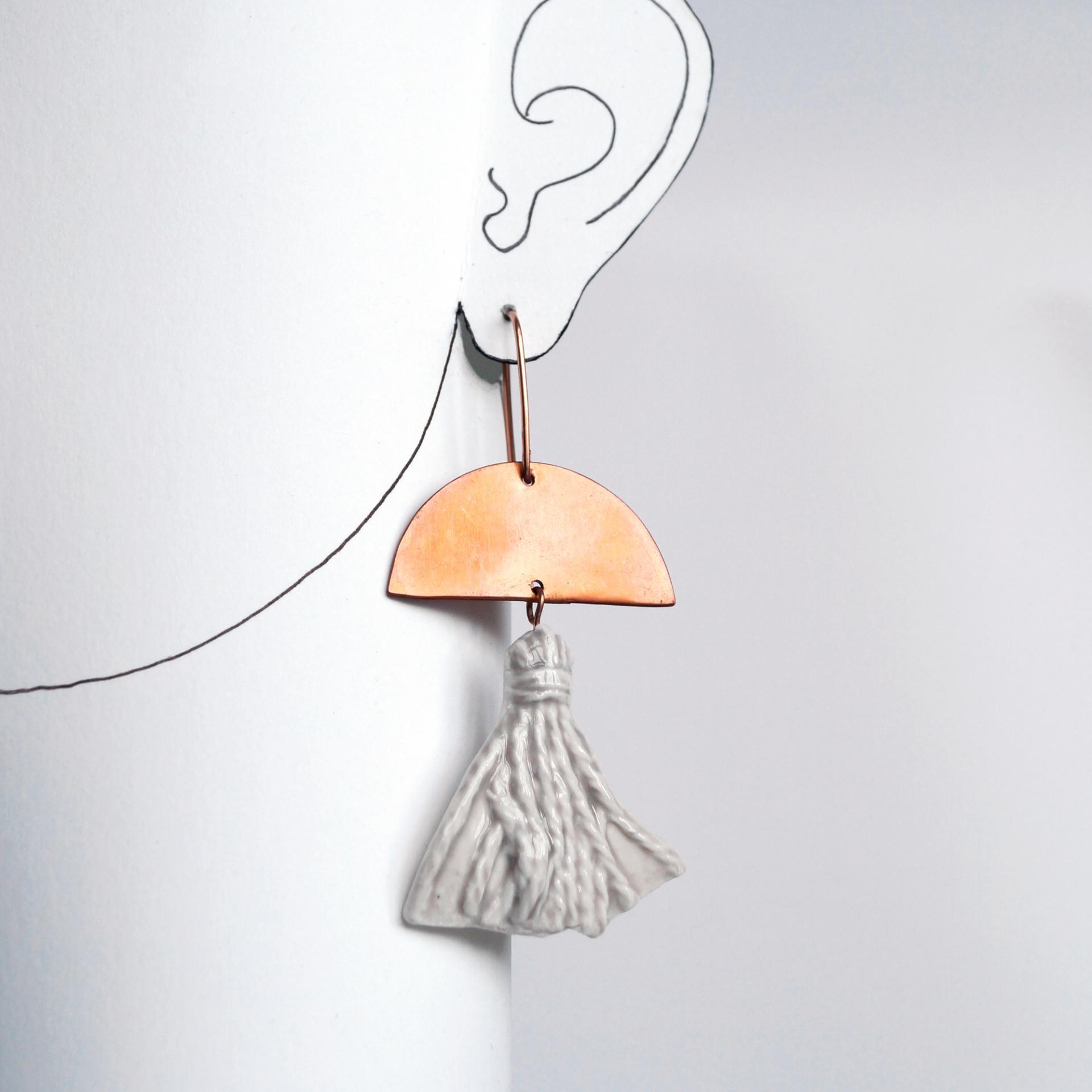 Grey tassel earrings, 7th anniversary gift, 18th anniversary, 22nd anniversary, porcelain earrings, ladies copper earrings, r