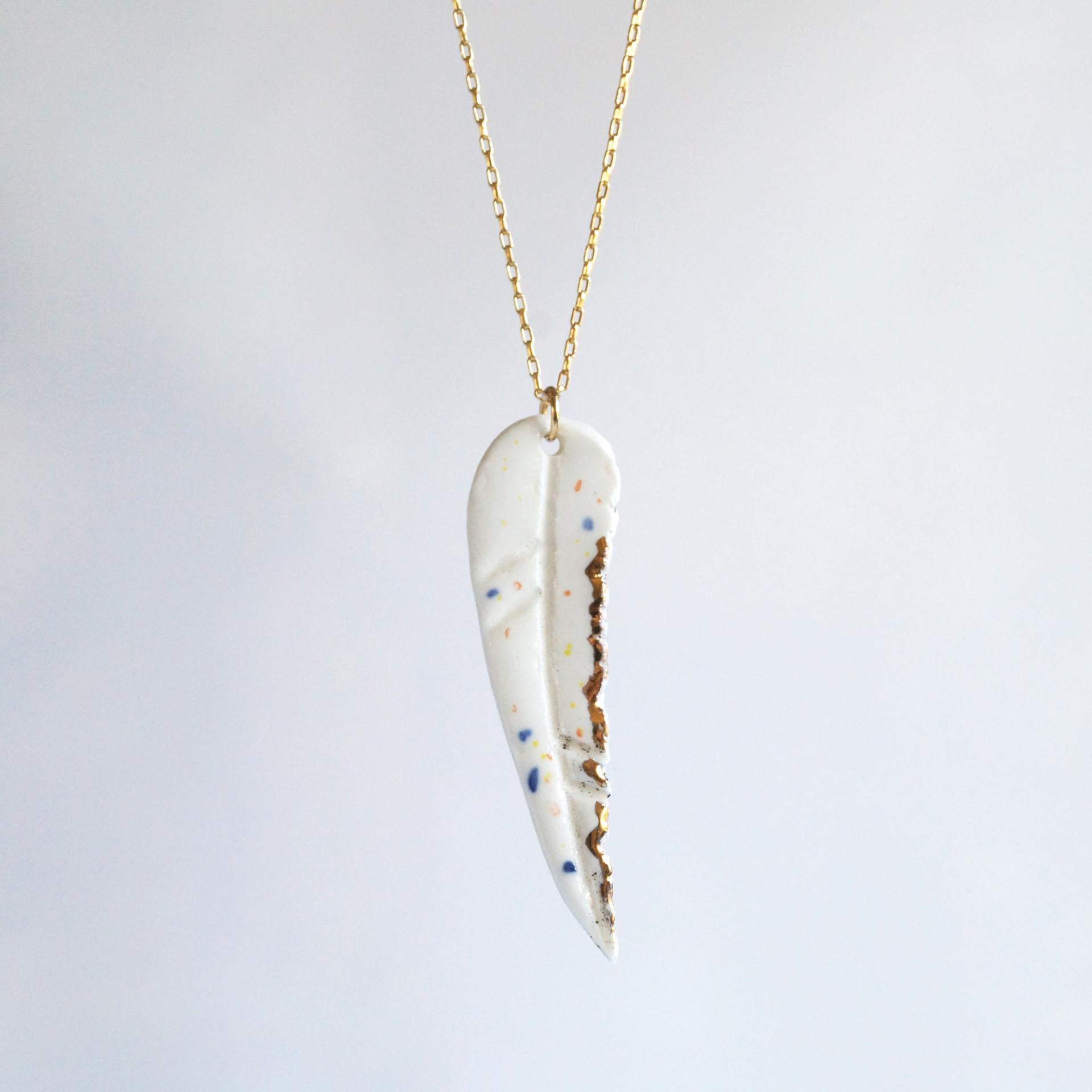 White porcelain feather, dainty feather necklace, gold lustre, 925 sterling silver, Vanillakiln, gold vermeil, First annivers