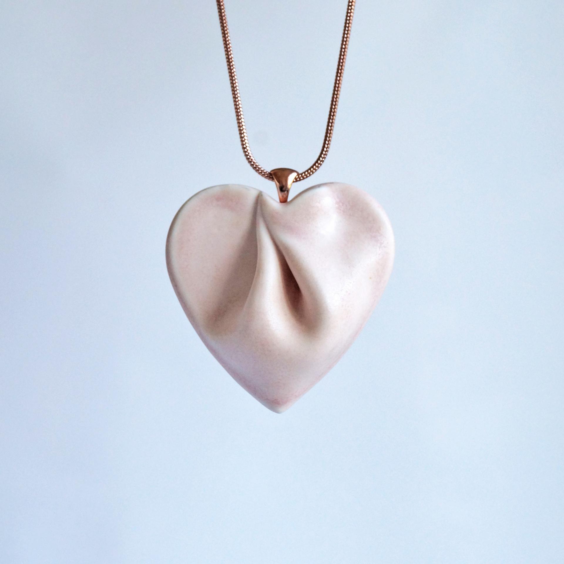 porcelain gift, draped heart necklace, pink satin, snake chain, rose gold necklace, stainless steel, omega necklet, VanillaKi