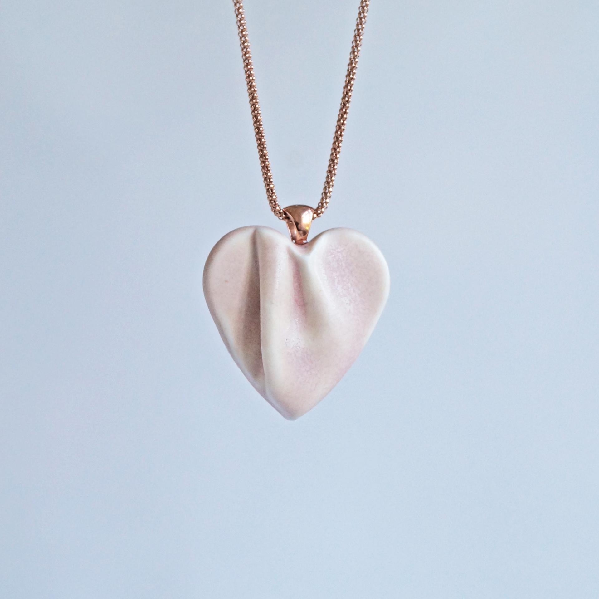 draped heart necklace, pink heart necklace, pink satin, porcelain, rose gold, stainless steel, snake chain, 925 sterling silv