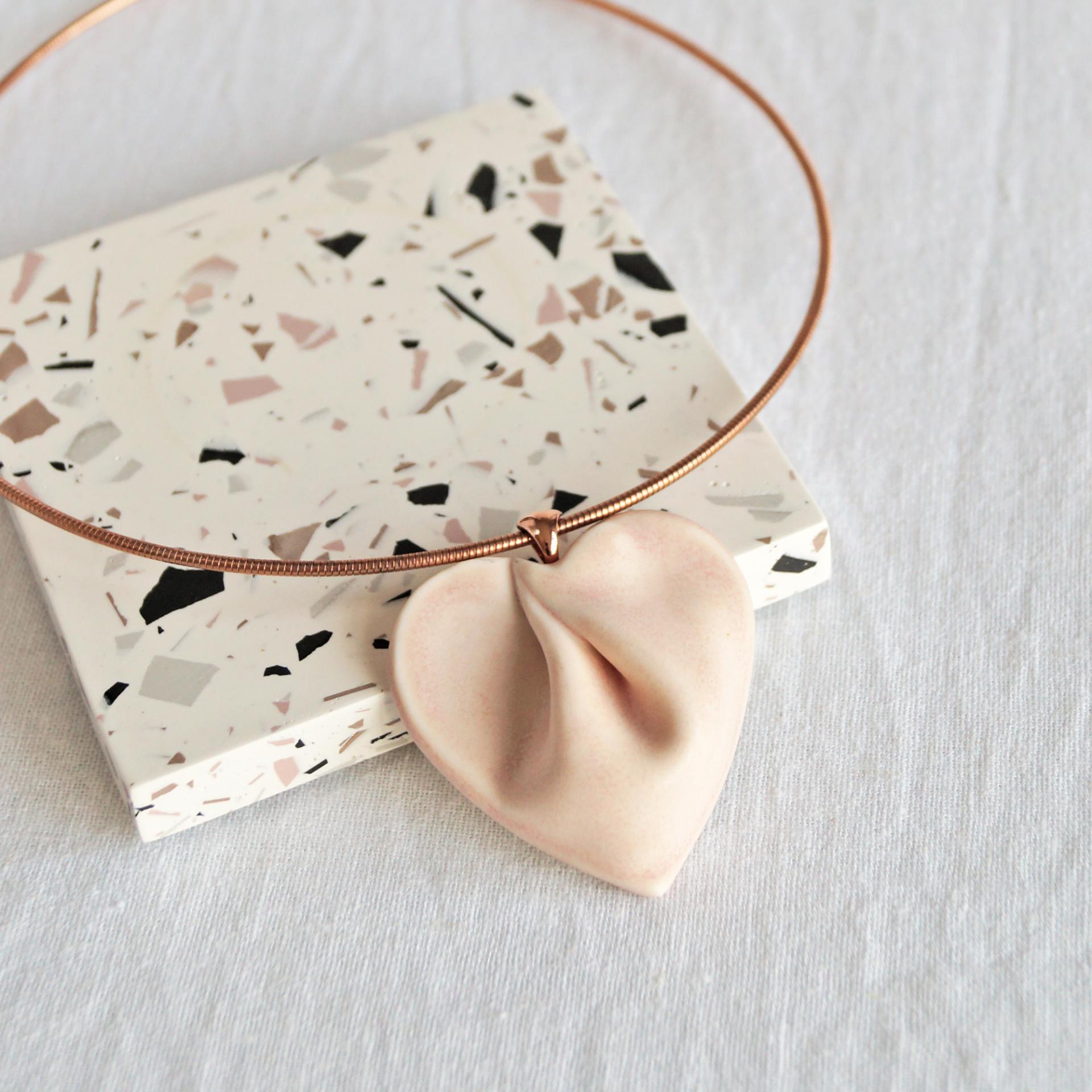 porcelain gift, draped heart necklace, pink satin, copper, rose gold necklace, 304 stainless steel, omega necklet, VanillaKil