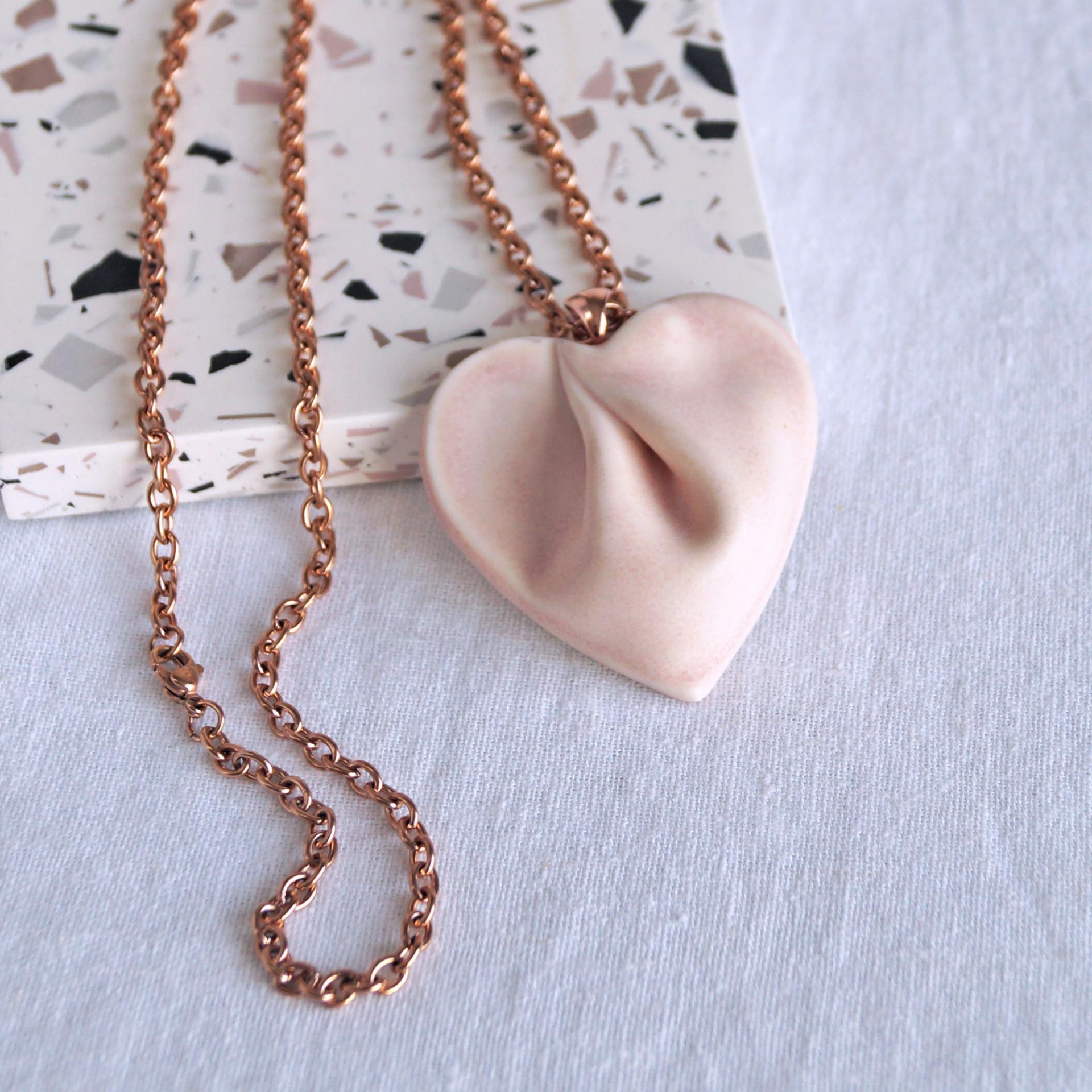 porcelain gift, draped heart necklace, pink satin, snake chain, rose gold necklace, stainless steel, omega necklet, VanillaKi