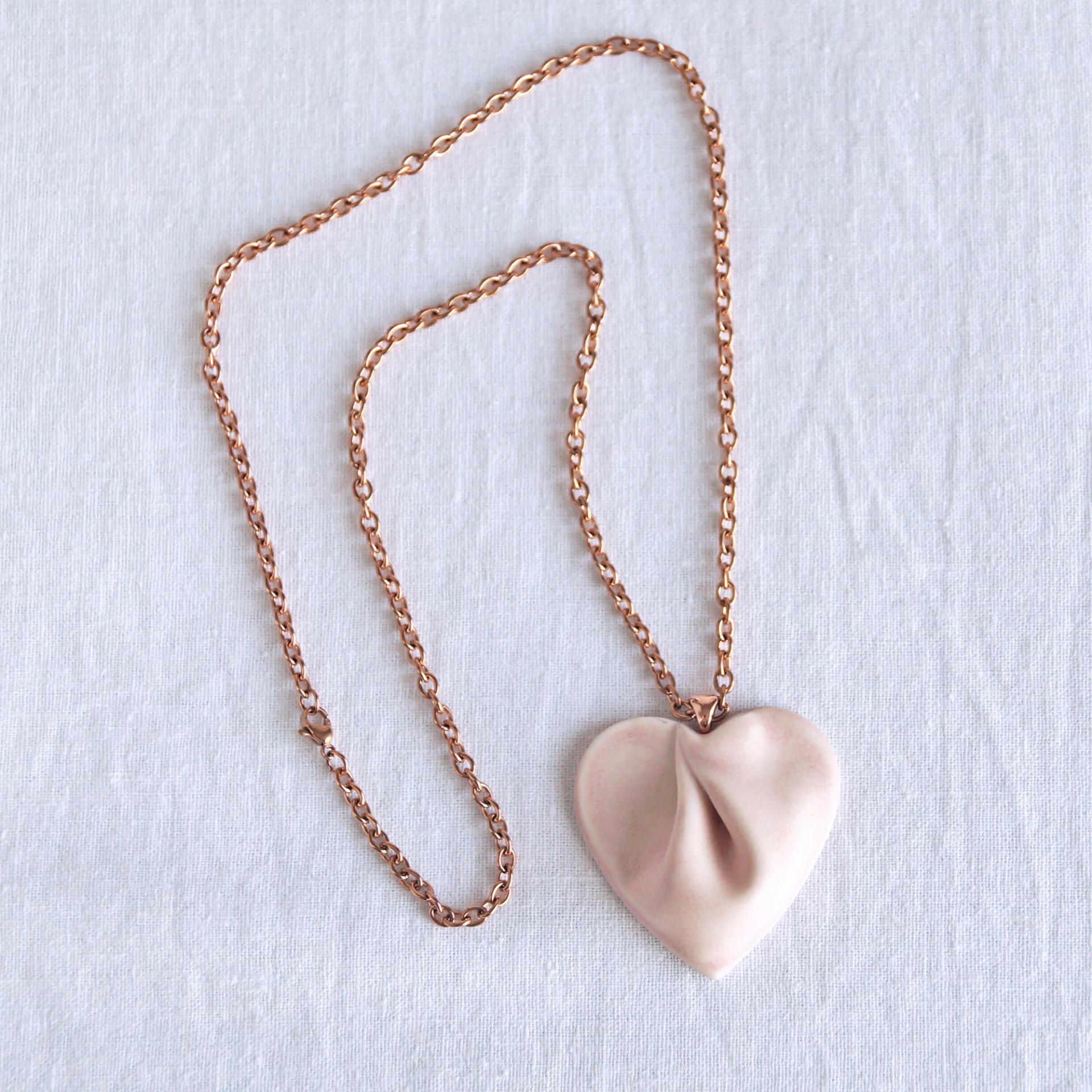 porcelain gift, draped heart necklace, pink satin, snake chain, rose gold necklace, stainless steel, omega necklet, VanillaKi