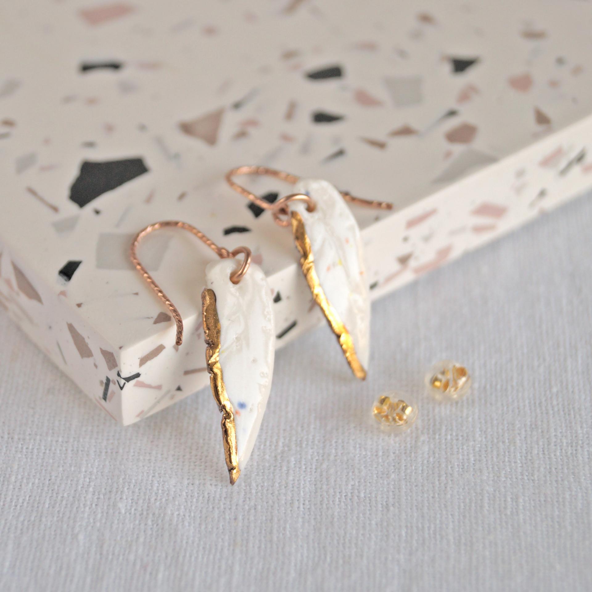 White porcelain, feather earrings, tiny feather earrings, white gold, pink copper, ceramic earrings, 1st anniversary, 18th an