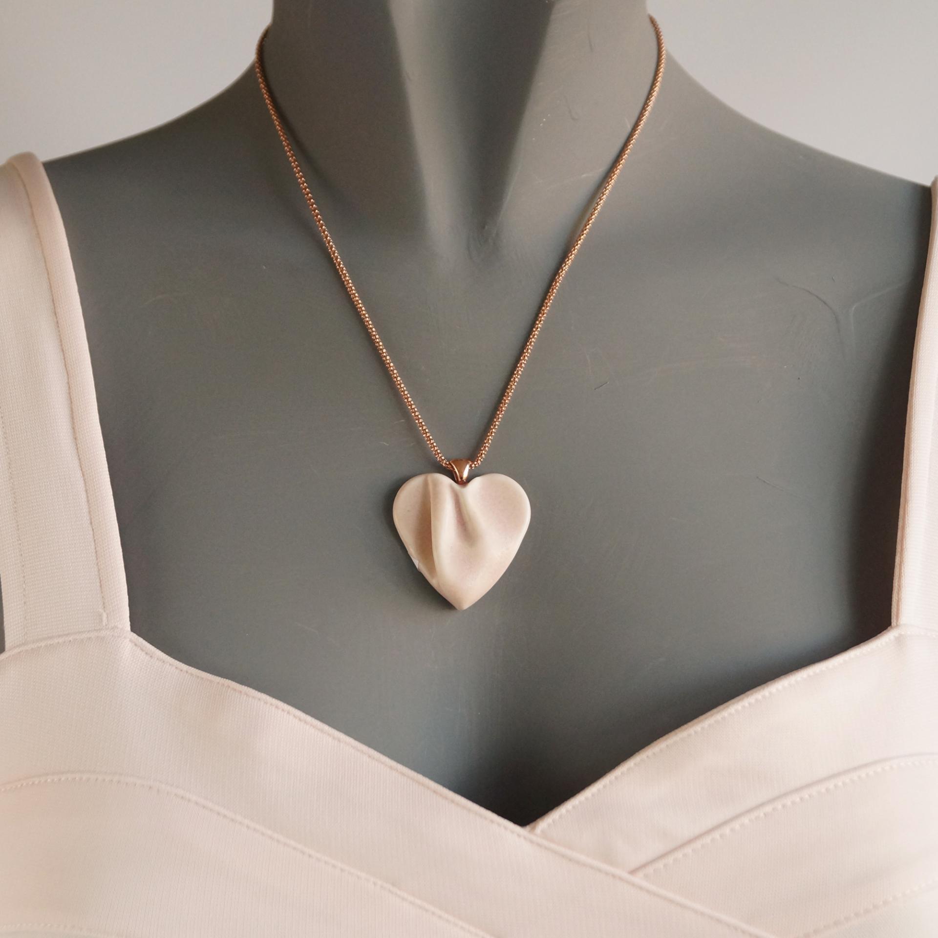 draped heart necklace, pink heart necklace, pink satin, porcelain, rose gold, stainless steel, snake chain, 925 sterling silv