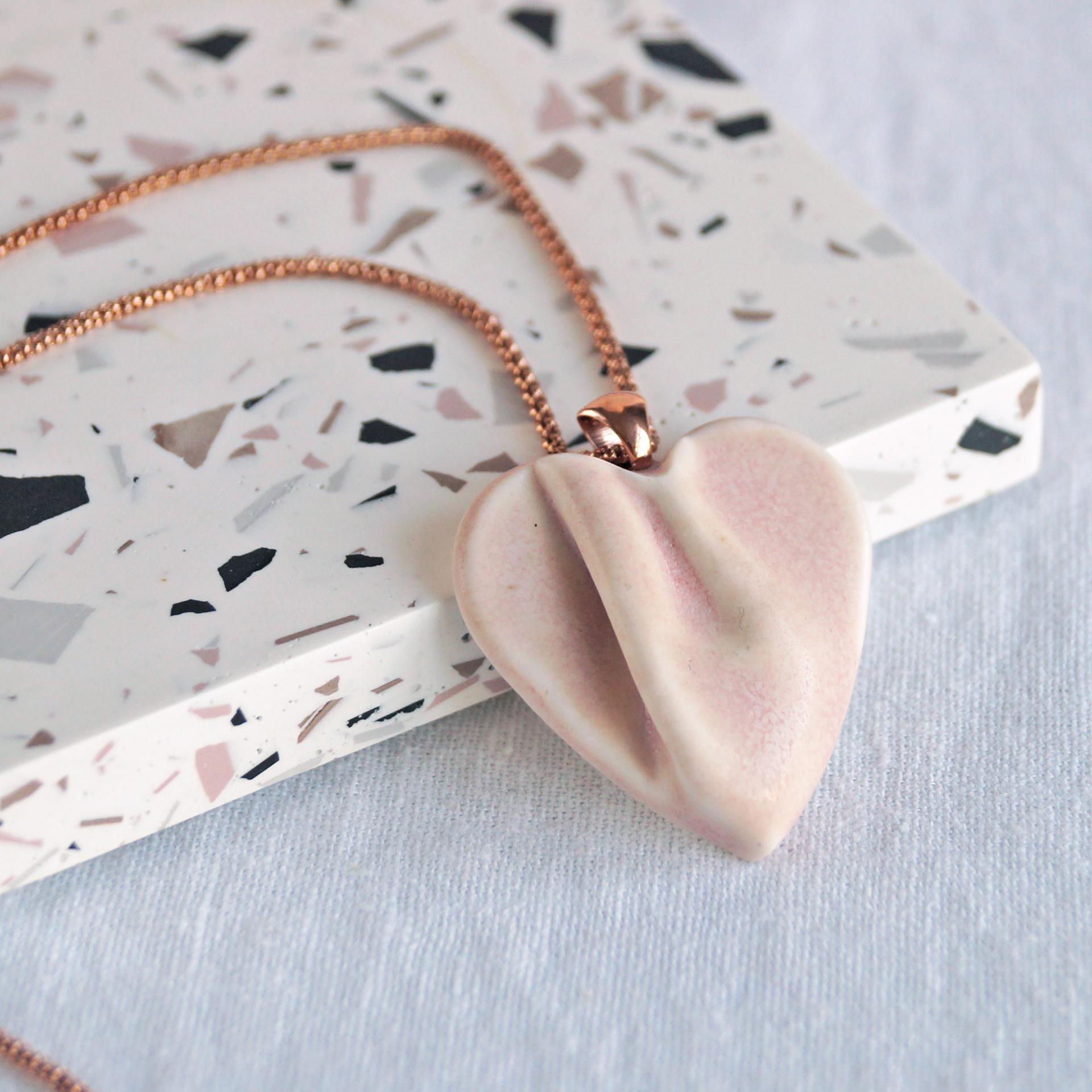draped heart necklace, pink heart necklace, pink satin, porcelain, rose gold, stainless steel, snake chain, 925 sterling silv