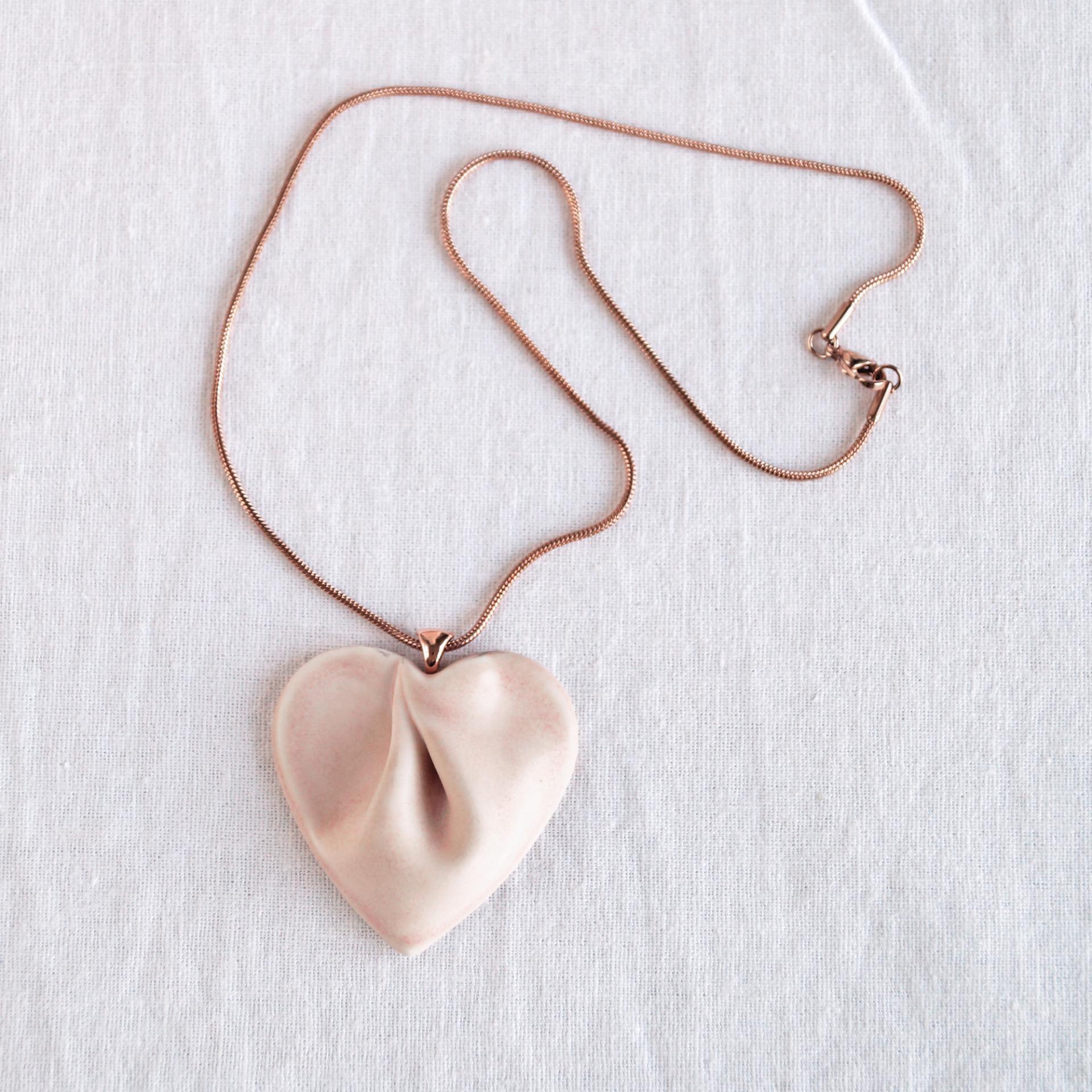 porcelain gift, draped heart necklace, pink satin, snake chain, rose gold necklace, stainless steel, omega necklet, VanillaKi
