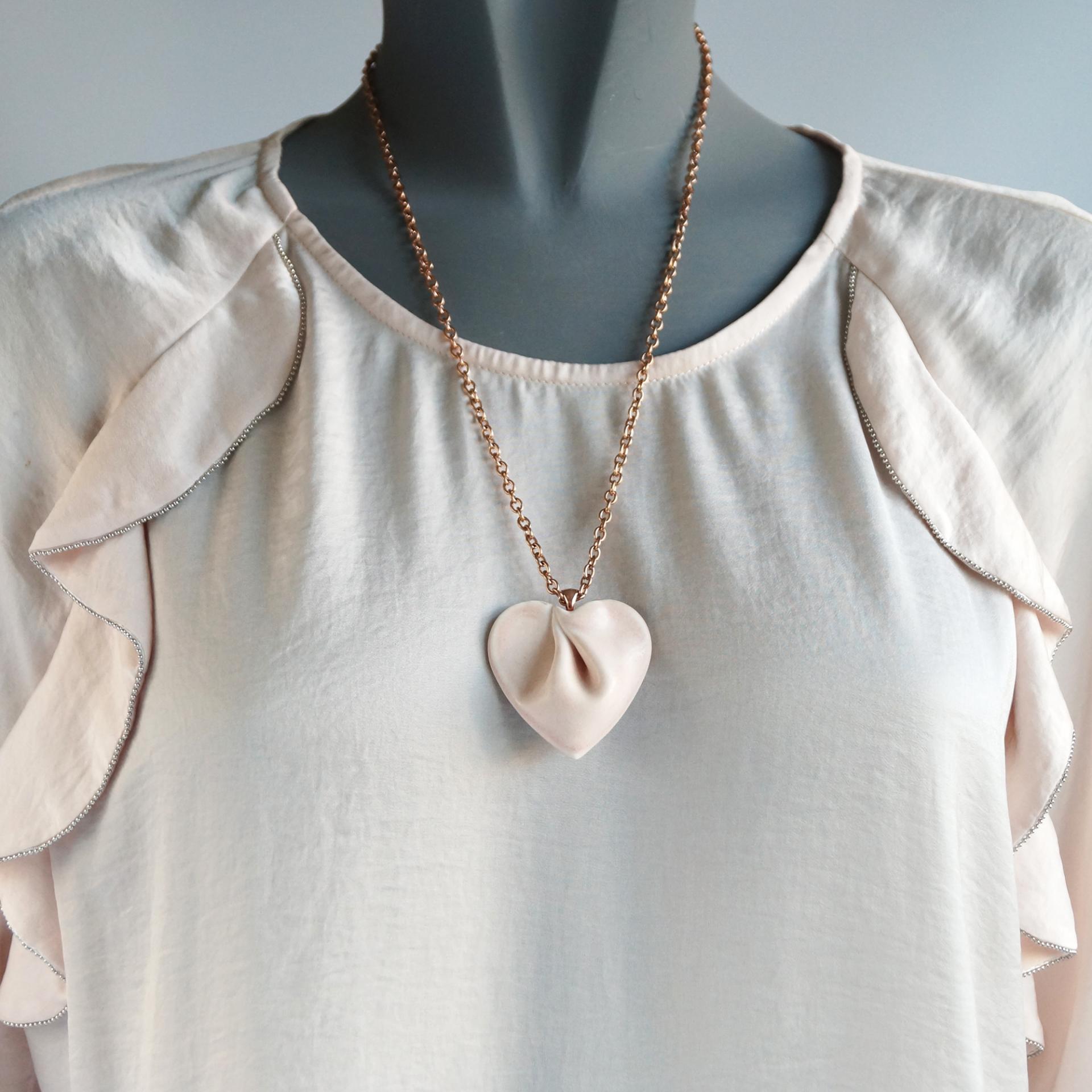 porcelain gift, draped heart necklace, pink satin, snake chain, rose gold necklace, stainless steel, omega necklet, VanillaKi