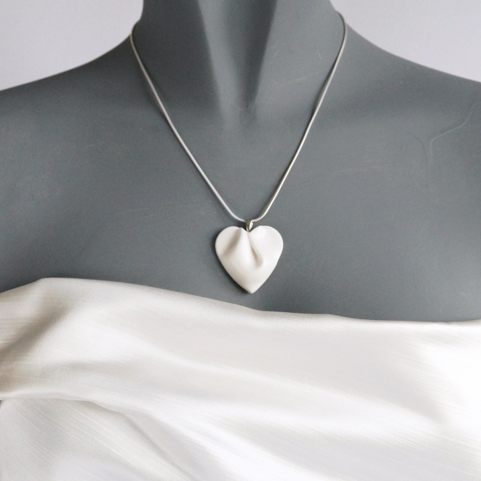 Bride necklace, draped heart, porcelain heart, heart necklace, 925 sterling silver, snake chain, Vanillakiln, 18th wedding an