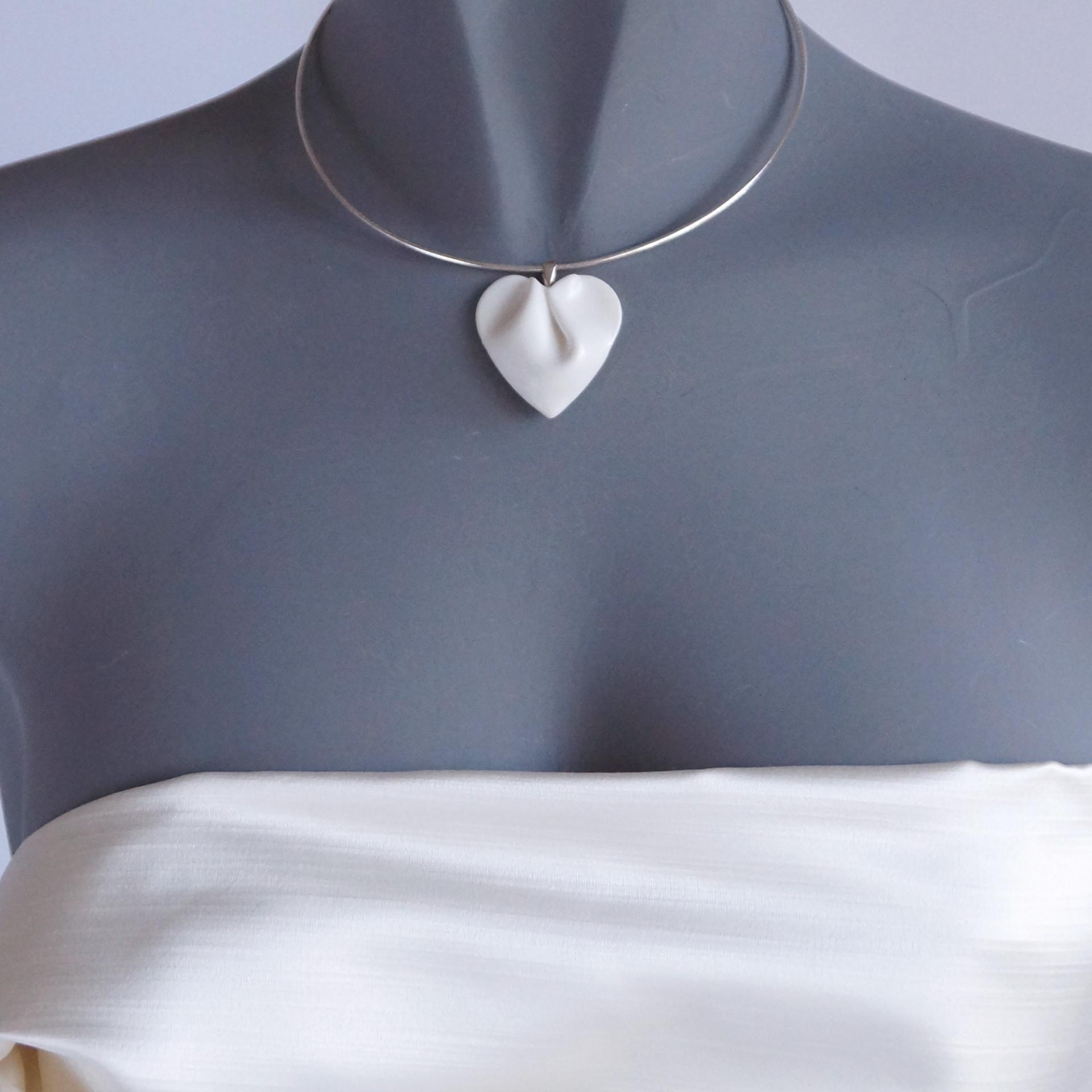 DRAPED heart necklace, medium, white porcelain, choose silver chain