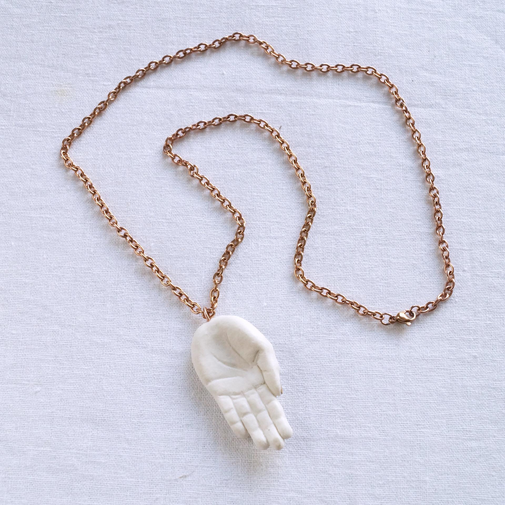 sculpted porcelain hand, hand sculpture, hand pendant, hand necklace, gold lustre porcelain, rose gold necklace, rose gold li