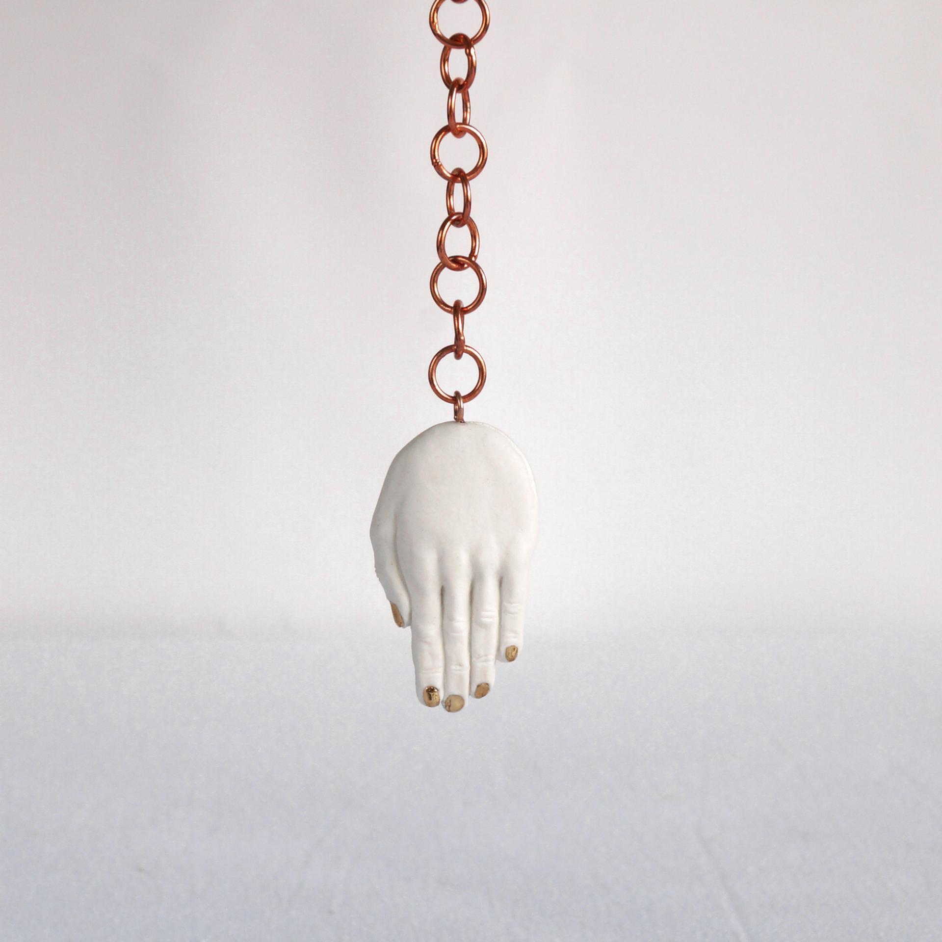 Mystic hand pendulum, EYE LIGHT pendulum, white porcelain hand, turquoise eye, copper chain, toggle clasp, Vanillakiln, coppe