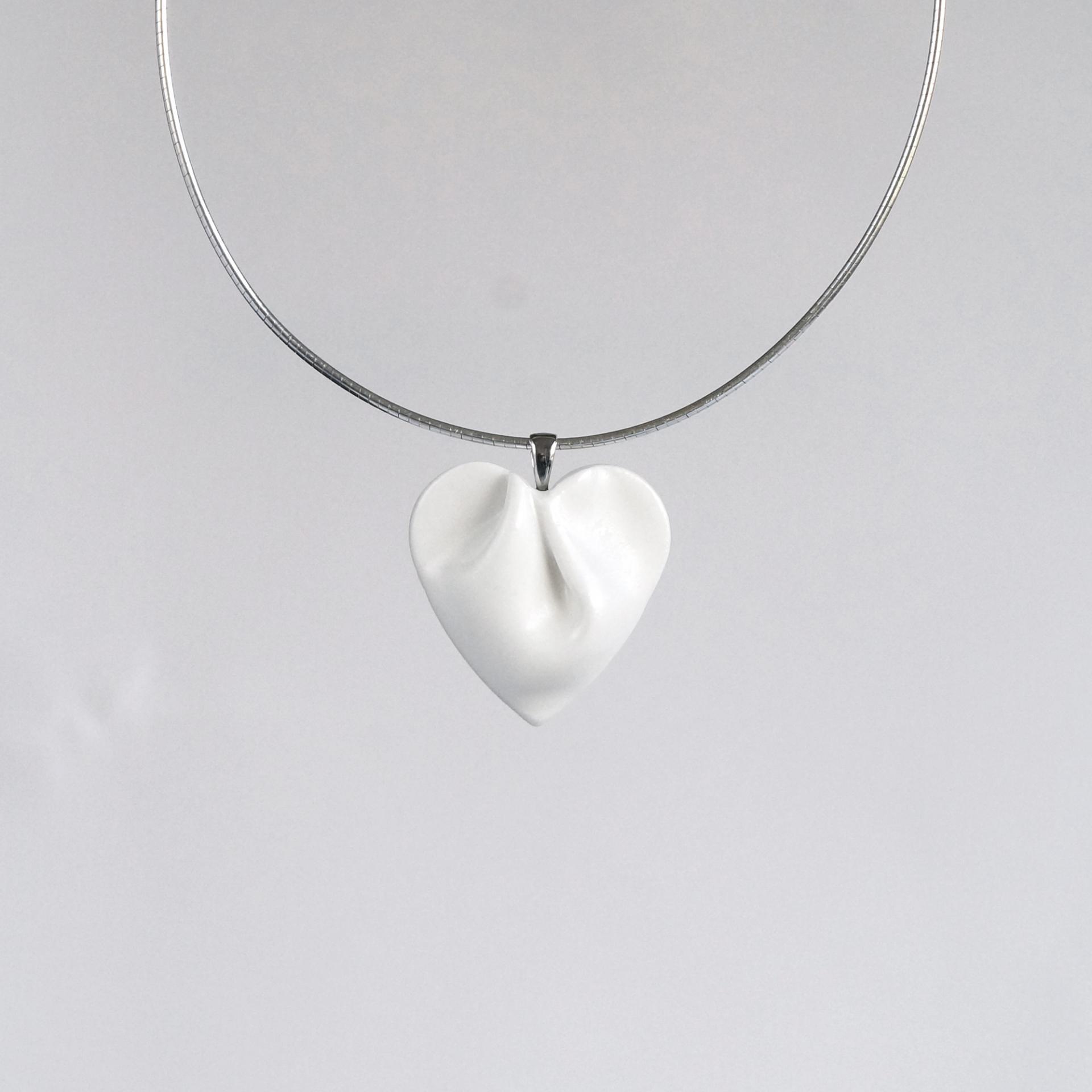 DRAPED heart necklace, medium, white porcelain, choose silver chain