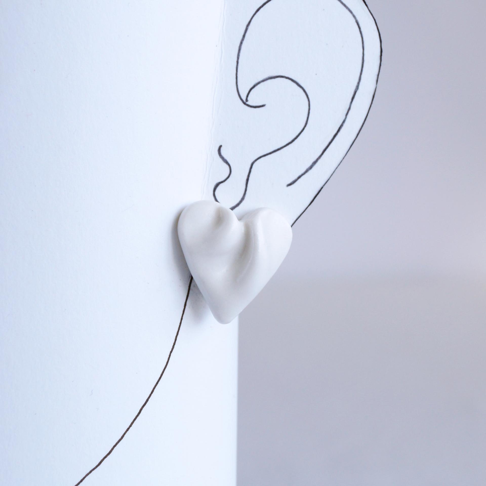 draped hearts, bride earrings, white satin porcelain, white heart earrings, stainless steel posts, gold posts, VanillaKiln, U