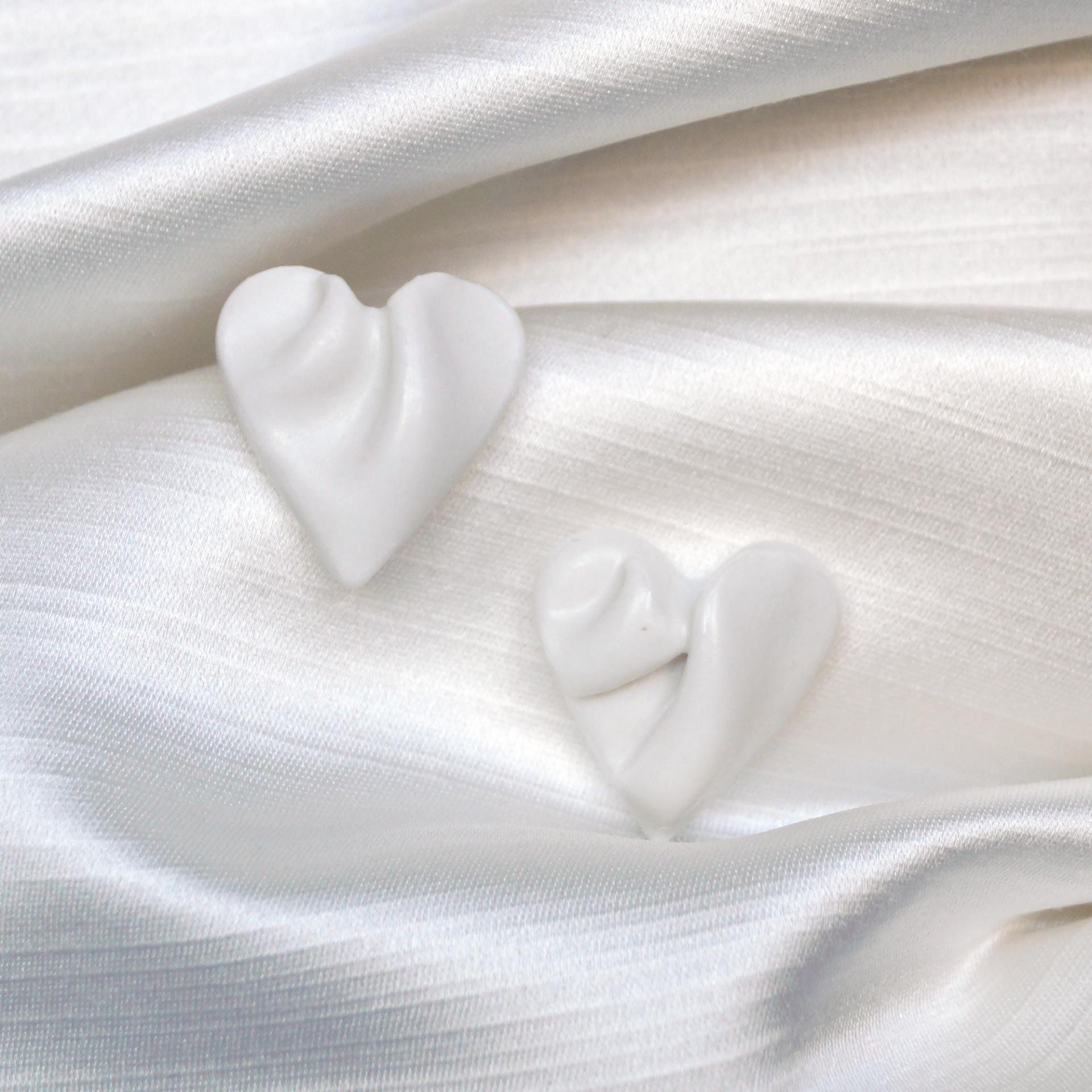 draped hearts, bride earrings, white satin porcelain, white heart earrings, magnet earrings, sterling silver pins, VanillaKil