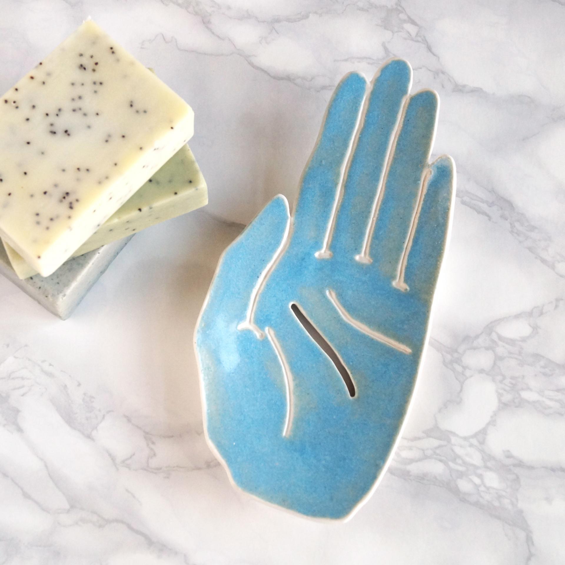 ceramic, HAND soap dish, white porcelain, blue lake, Vanillakiln, UK, porcelain hand, ceramic hand, blue soap dish,