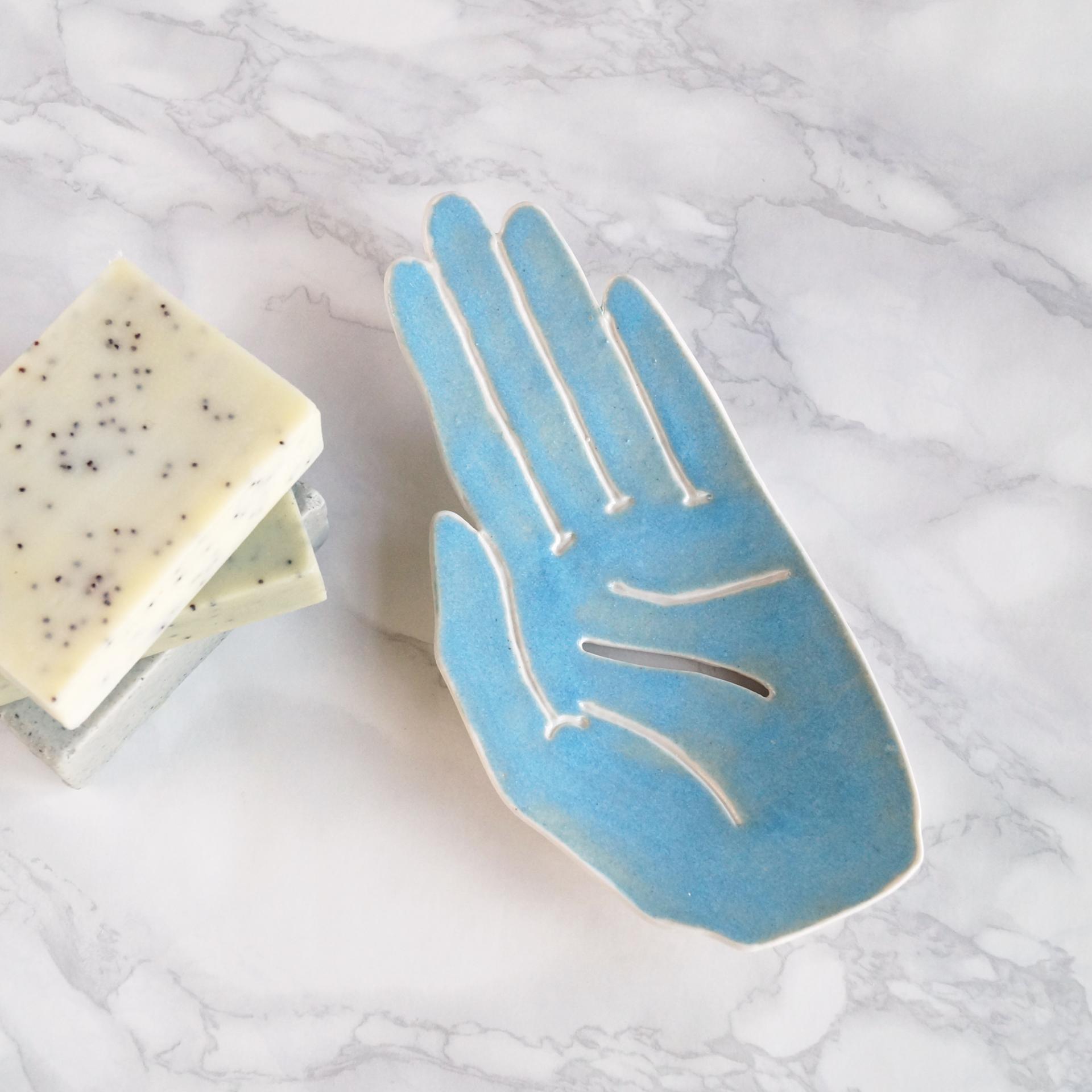 ceramic, HAND soap dish, white porcelain, blue lake, Vanillakiln, UK, porcelain hand, ceramic hand, blue soap dish,