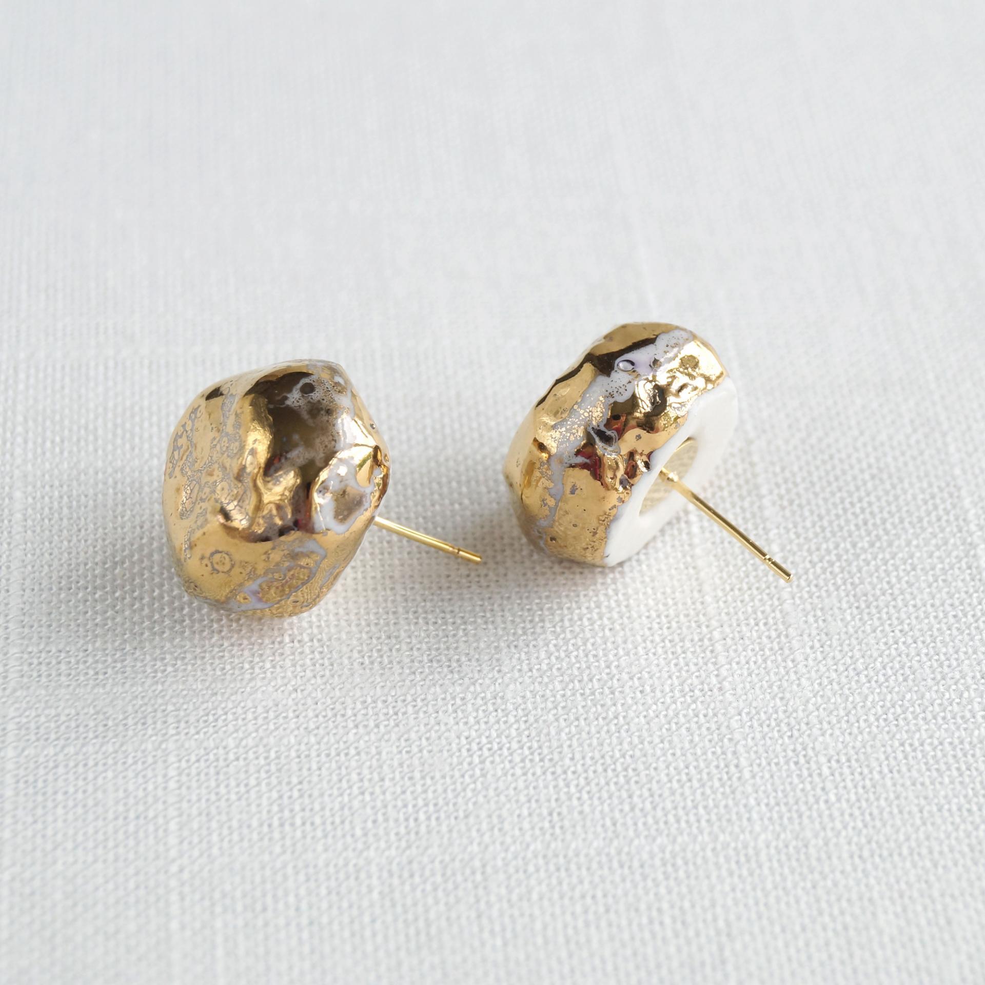 Gold NUGGET stud earrings, white porcelain paper clay, gold pins