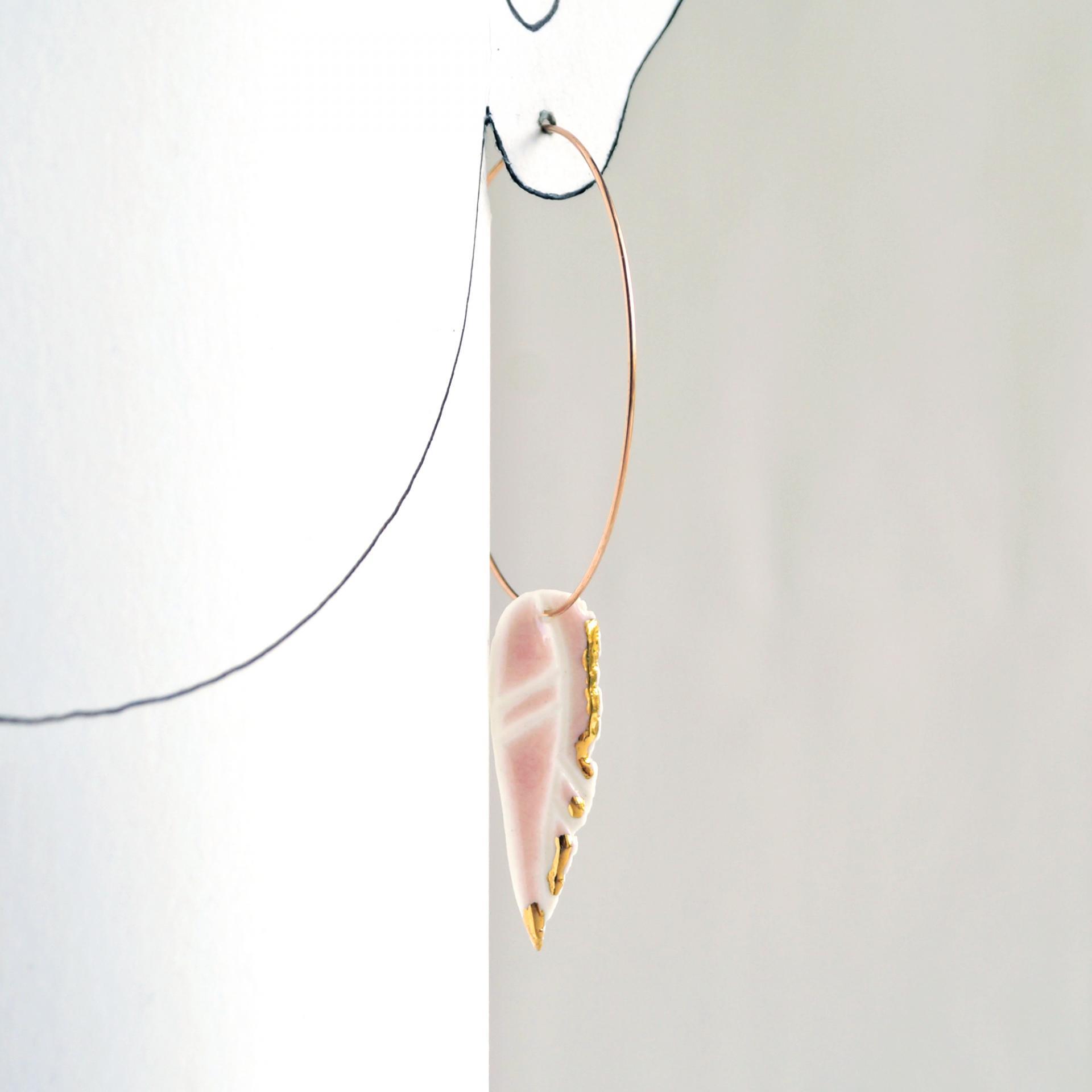 Porcelain earrings, pink feather earrings, gold lustre, sterling silver, vermeil, 14kt, rose gold filled, VanillaKiln, feathe