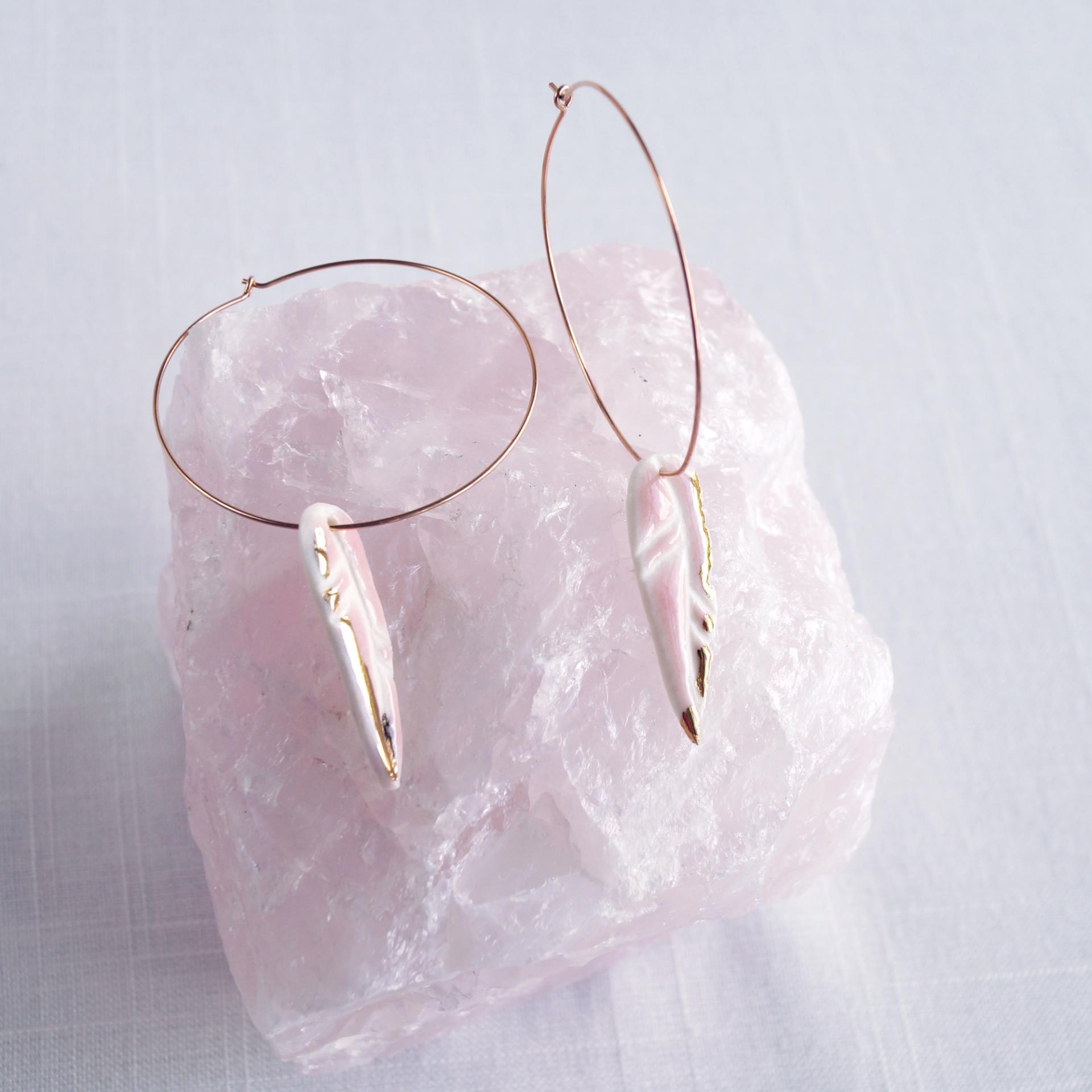 Porcelain earrings, pink feather earrings, gold lustre, sterling silver, vermeil, 14kt, rose gold filled, VanillaKiln, feathe