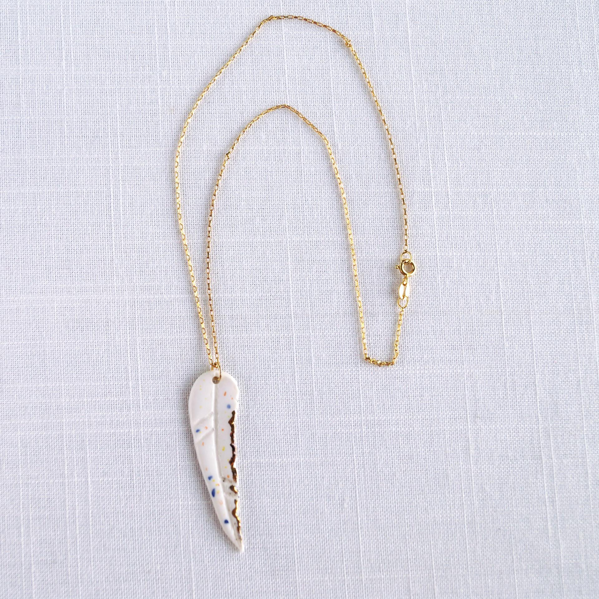 White porcelain feather, dainty feather necklace, gold lustre, 925 sterling silver, gold vermeil, 1st anniversary paper gift,