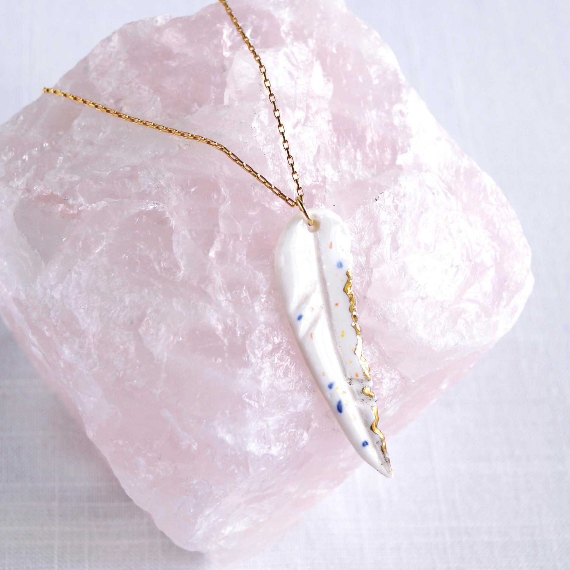 White porcelain feather, dainty feather necklace, gold lustre, 925 sterling silver, gold vermeil, 1st anniversary paper gift,