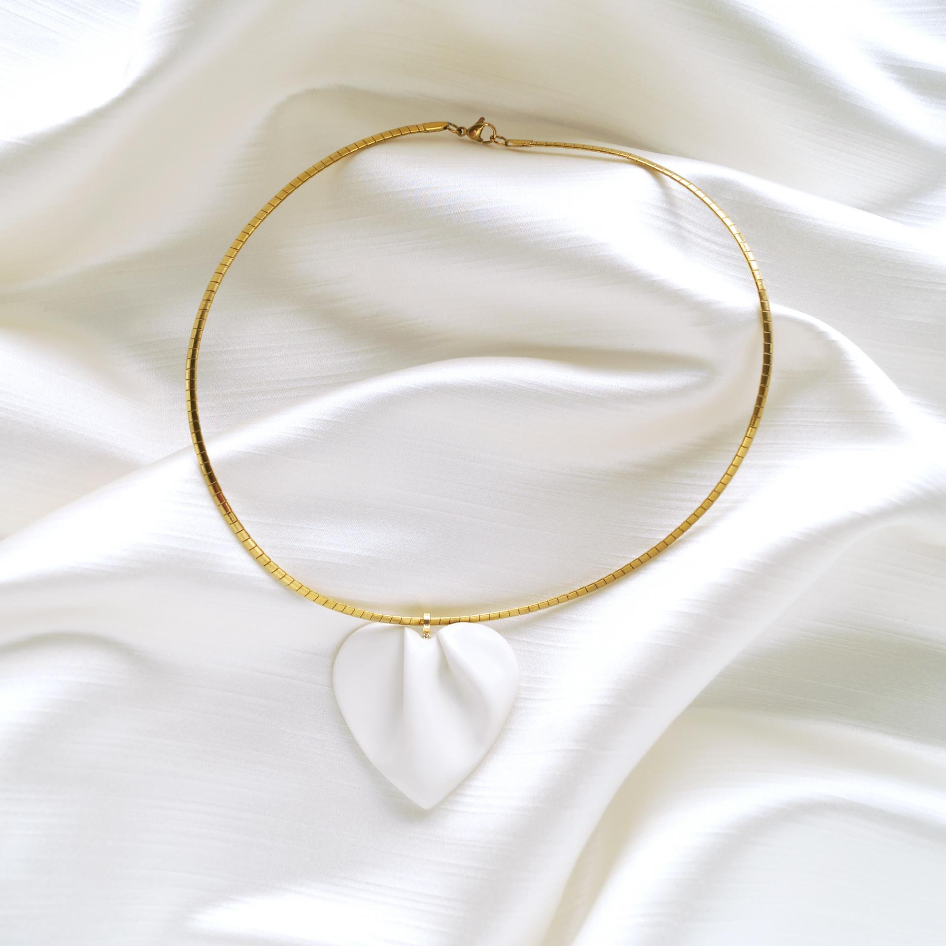 Bride necklace, white satin, draped heart, porcelain heart, heart necklace, gold, stainless steel, omega necklet, 18th weddin