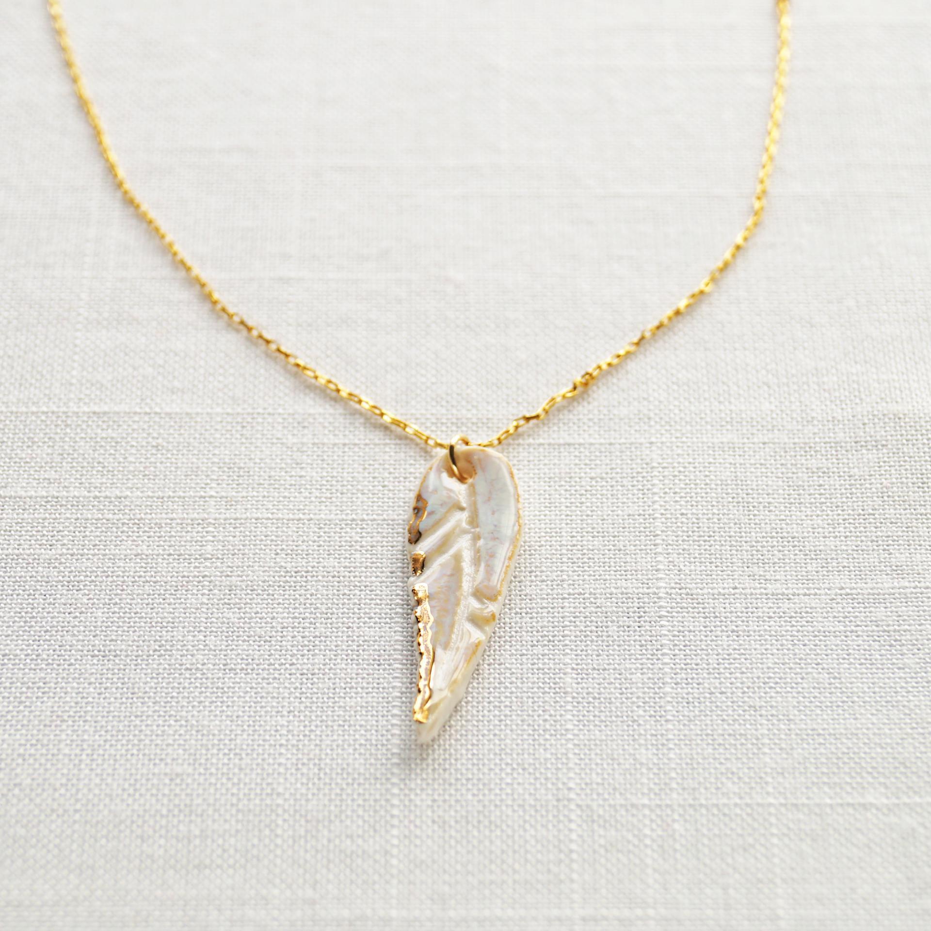 White porcelain feather, white feather, dainty feather necklace, gold lustre, 925 sterling silver, gold vermeil, 1st annivers