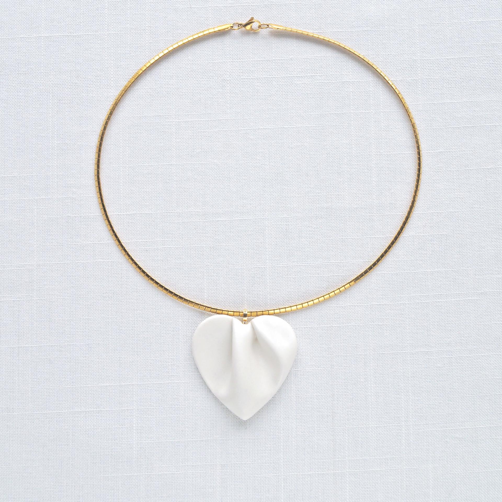 Bride necklace, white satin, draped heart, porcelain heart, heart necklace, gold, stainless steel, omega necklet, 18th weddin