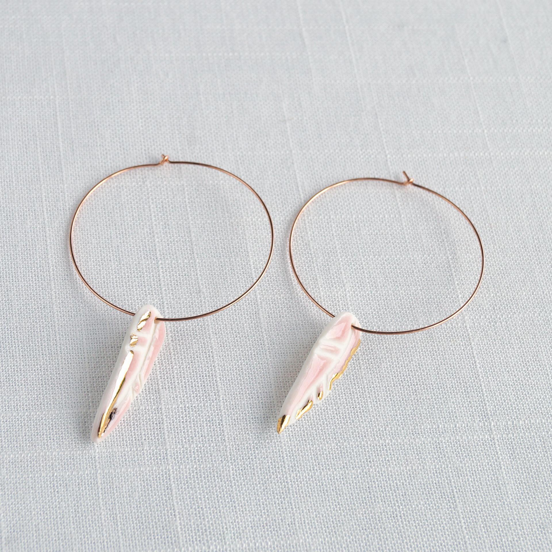 Porcelain earrings, pink feather earrings, gold lustre, sterling silver, vermeil, 14kt, rose gold filled, VanillaKiln, feathe