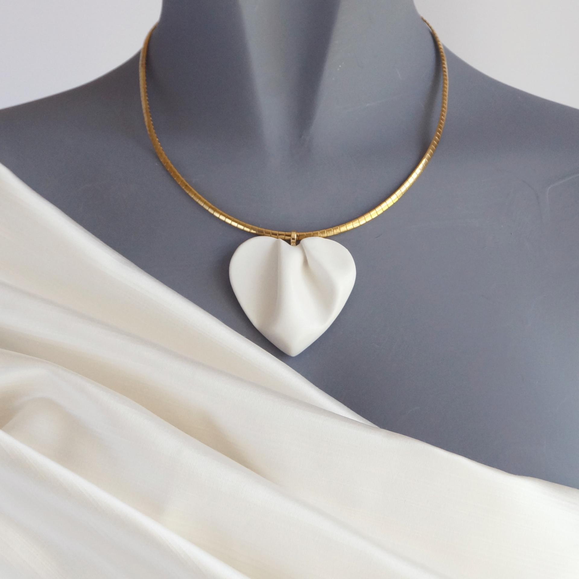 Bride necklace, white satin, draped heart, porcelain heart, heart necklace, gold, stainless steel, omega necklet, 18th weddin