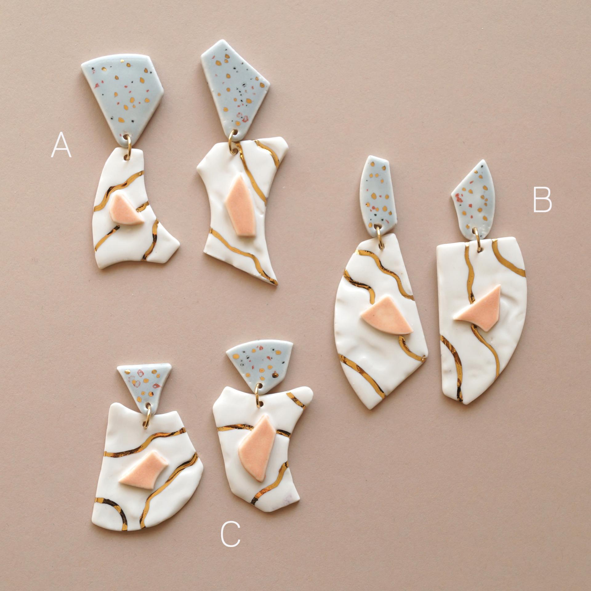 No3, TERRAZZO inspired, mis-matched earrings, porcelain, gold, TERRAZZO earrings, grey, citrus, gold white porcelain earrings