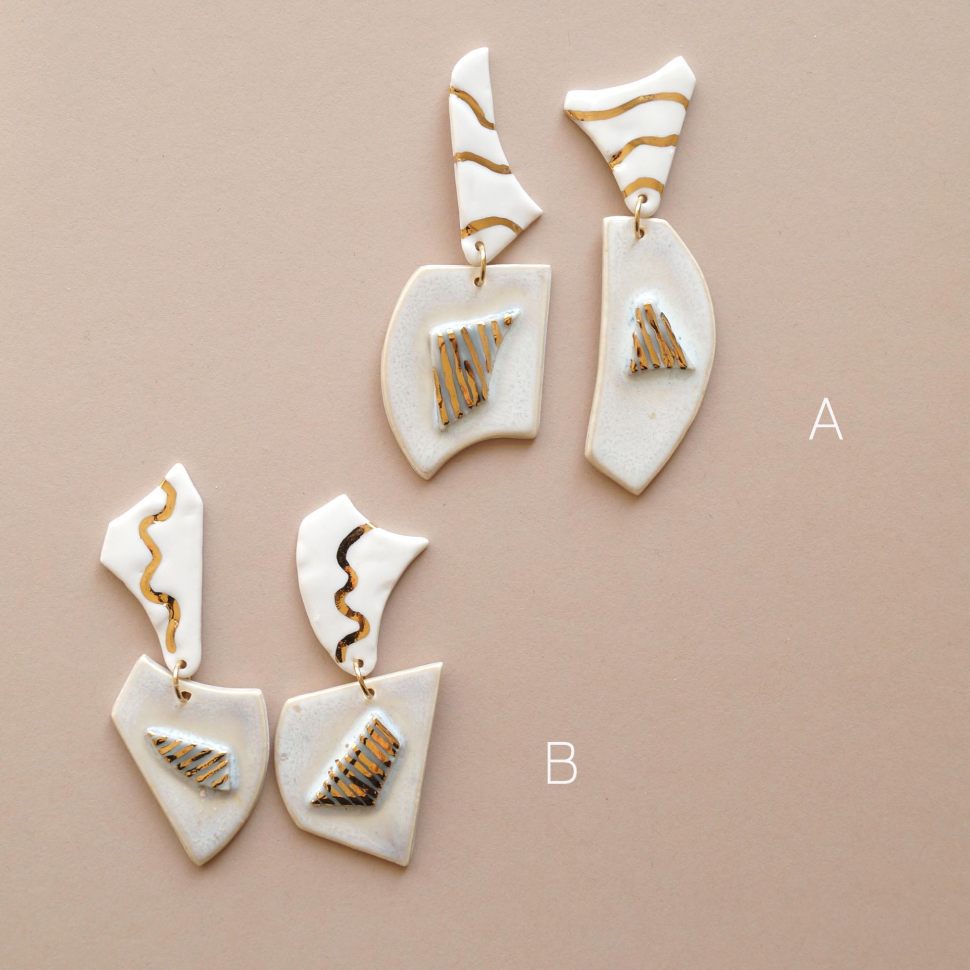 No2, TERRAZZO earrings, mis-matched earrings, porcelain, 24 carat gold, TERRAZZO inspired, mis-matched earrings, gold white p